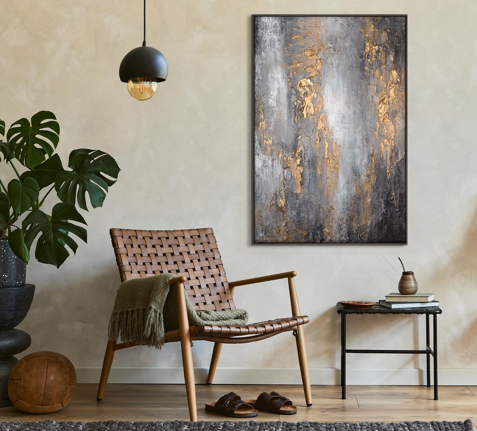 YS Enmarcado Pintado en acrílico Vía Láctea Pintura abstracta a mano Tonos verde grisáceo con dorado y plateado Decoración de pared modern 140x100 cm