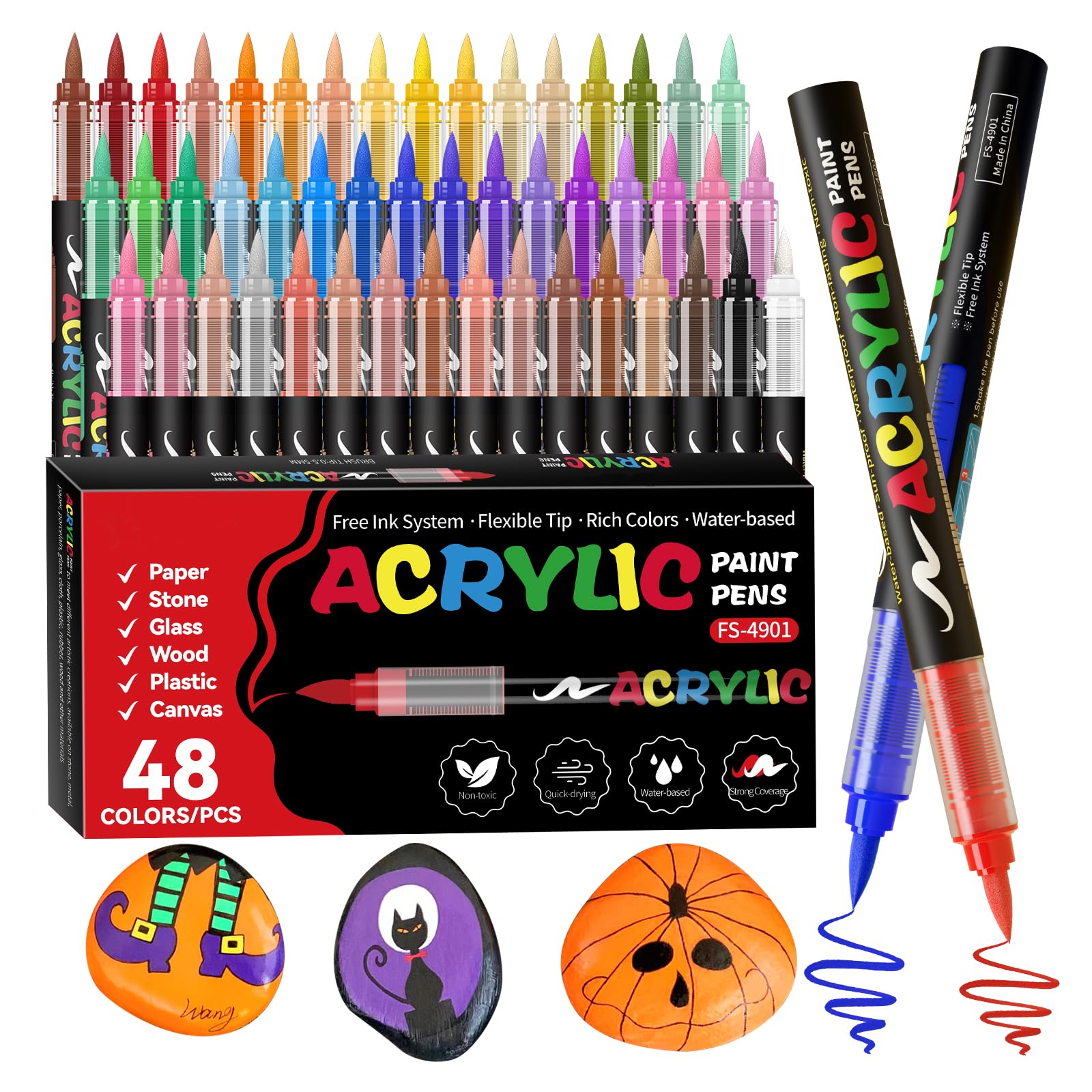 Alitastro Paint Pens Acrylic Markers - 48 Colors Brush Tip Water Based Marker Pens for Rock Painting, Wood, Ceramic, Glass, Acrylic Paint Markers for Christmas Easter Egg Pumpkin Making