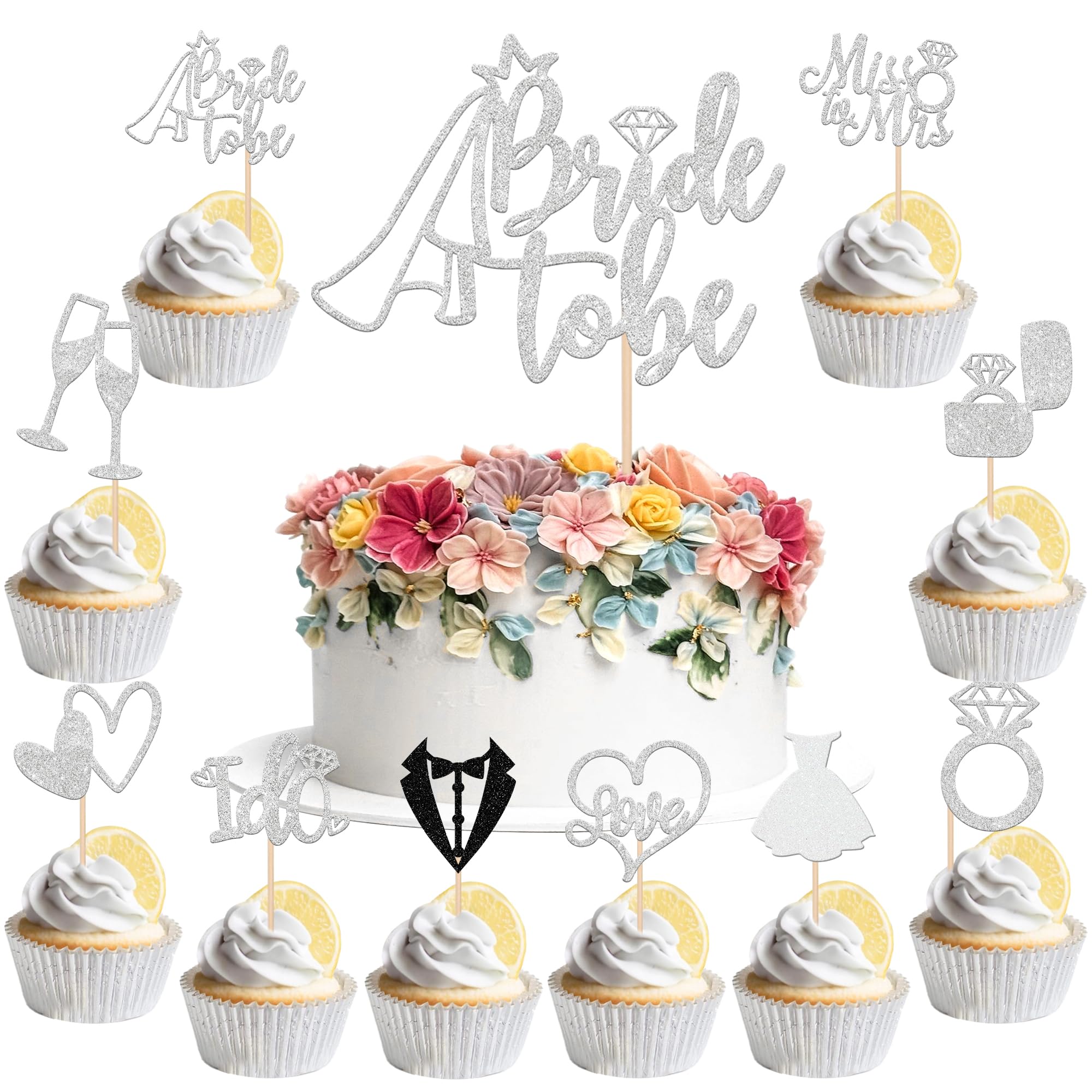 SYKYCTCY 21 Pack Bride to Be Cake Topper Glitter I Do Love Heart Ring Miss To Mrs Cupcake Picks Bridal Shower Cake Decorations for Wedding Engagement Bachelorette Party Supplies Silver