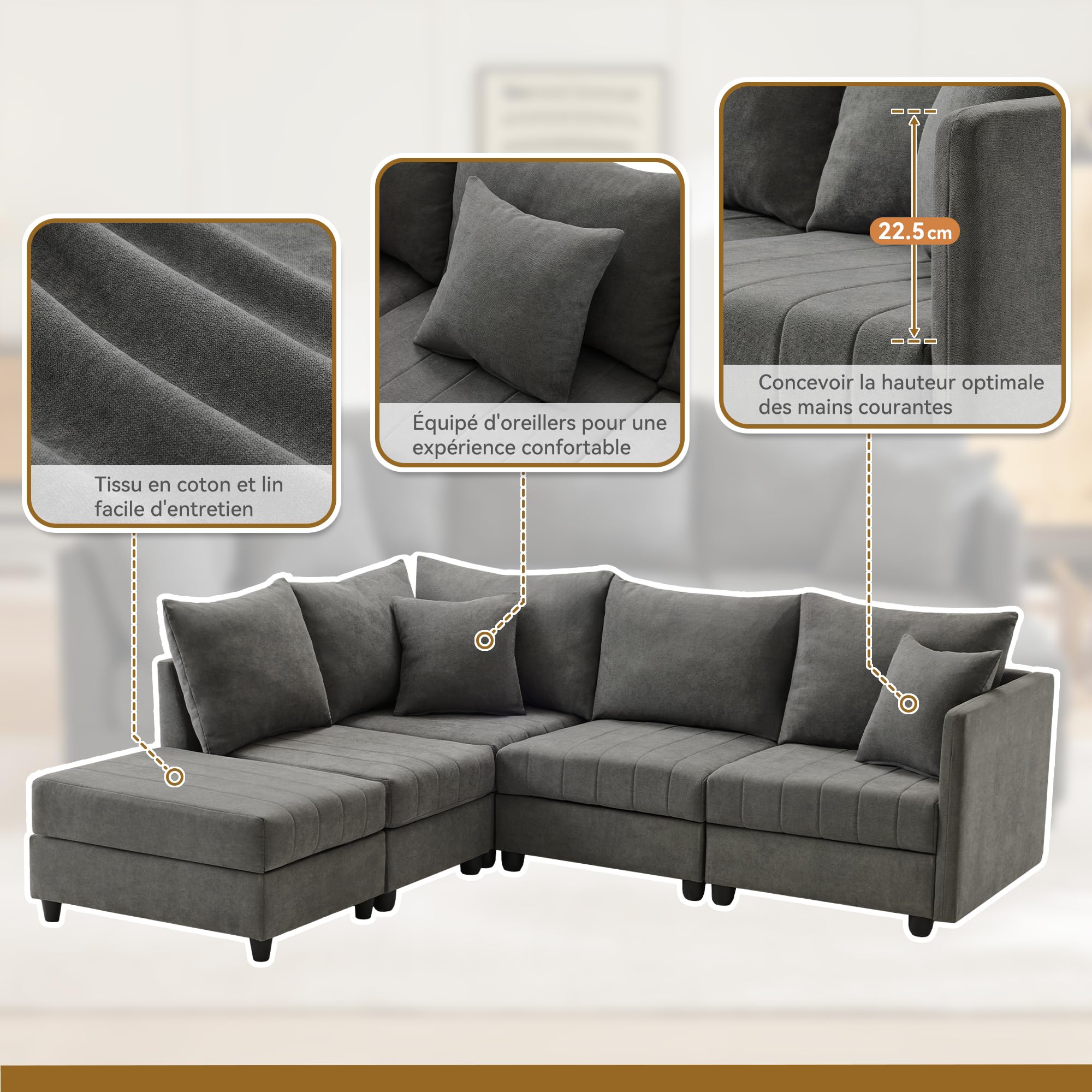 Sofá de esquina con función de dormir, l sofá con función de dormir, sofá cama, sofá modular, sofá de 5 plazas con reposapiés convertible, adecuado para salón, dormitorio, apartamento