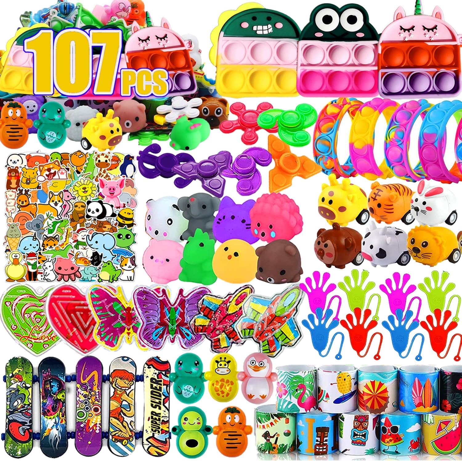 107 PCS Party Favors Toys, Treasure Box Toys for Classroom, Pop Fidget Toys Treasure Chest for Kids Prizes Classroom, Bulk Pinata Stuffers Goodie Bag Fillers for Kids 4-8