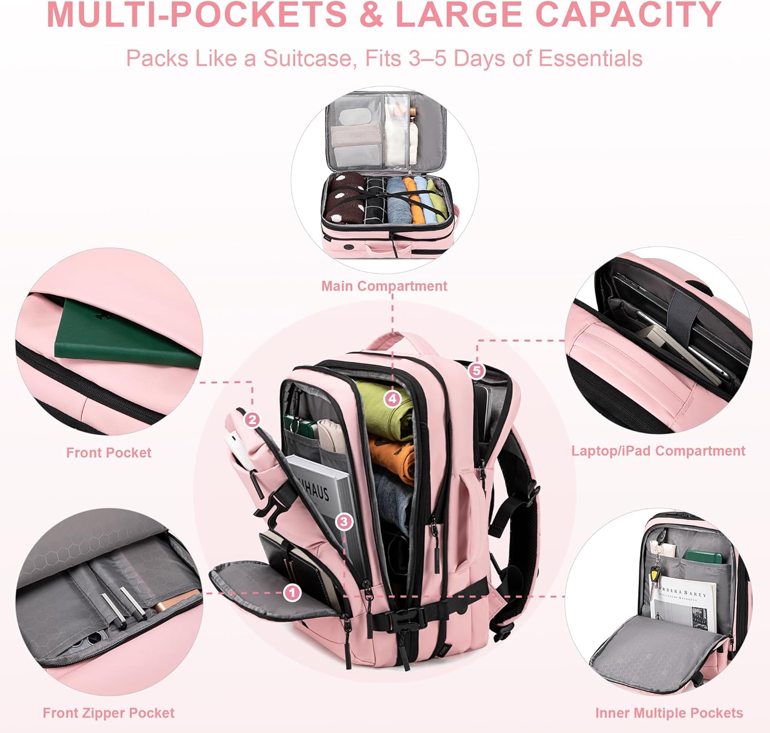 Carry On Travel Backpack, 35L-40L Expandable Extra Large Airline Approved,Lightweight Daypack for Men and Women（Pink） - Image 4
