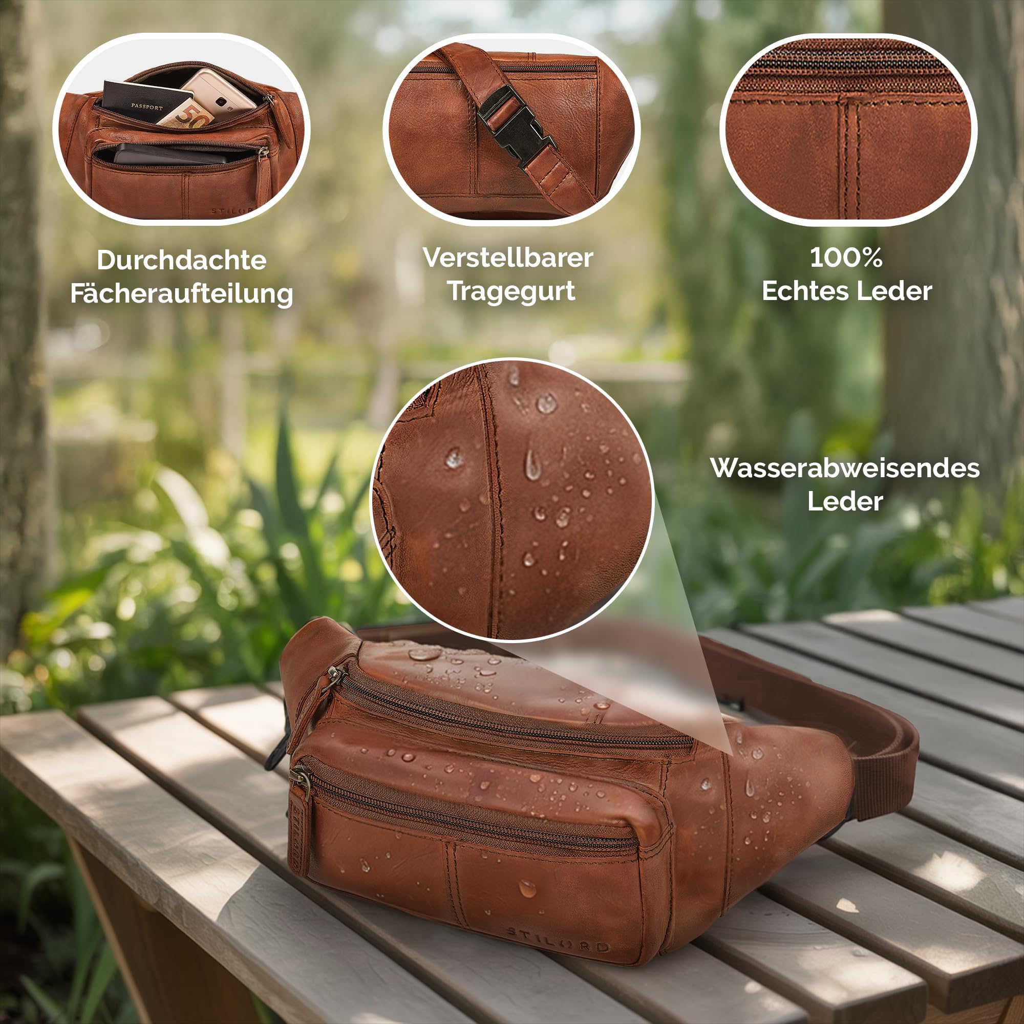 STILORD 'Devon' Vintage Bauchtasche Herren Cognac Leder Gürteltasche mit vielen Fächern - Echtleder Hüfttasche Diebstahlsicher - Männer Brusttasche für Reisen & Festival
