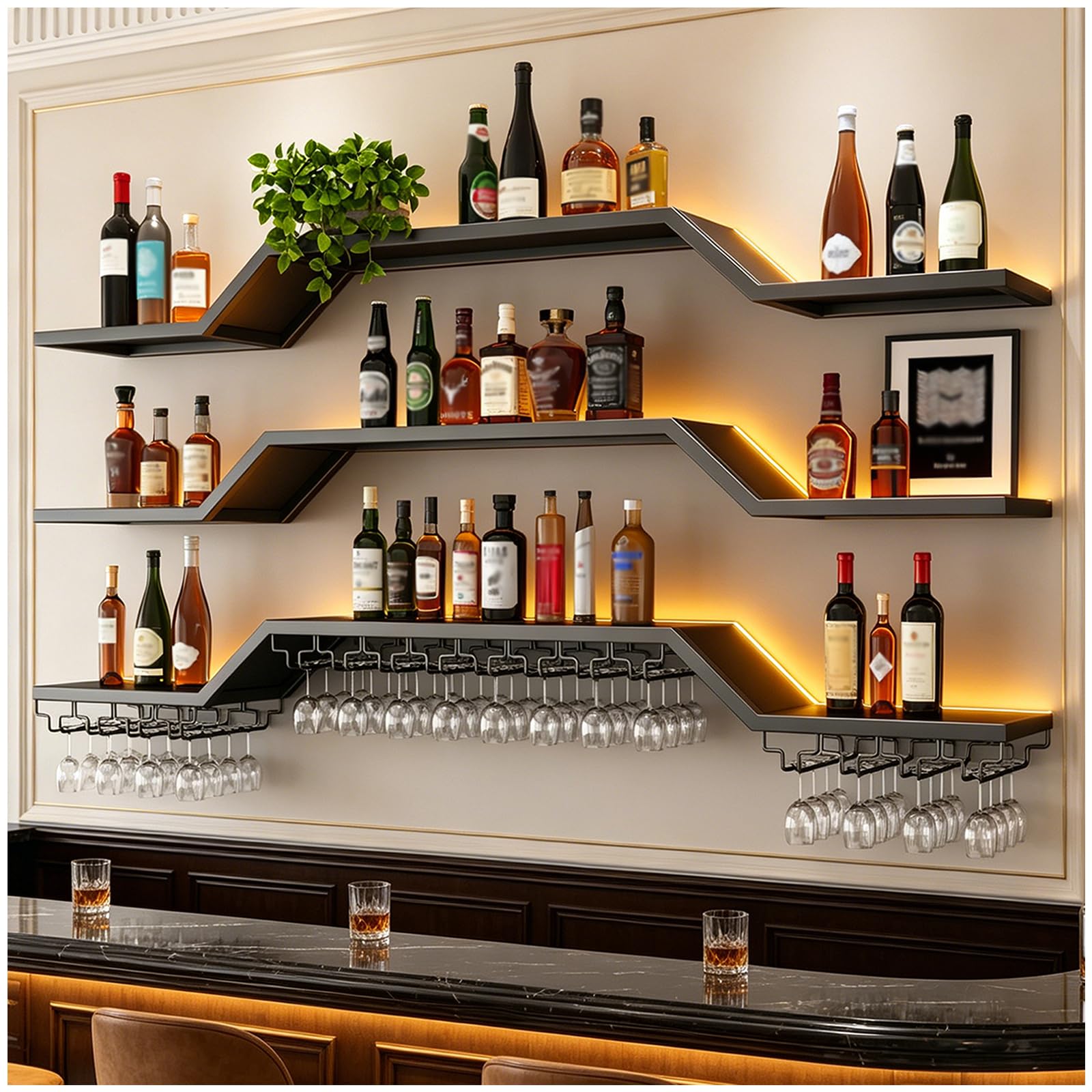 3 Livelli Portabottiglie Da Parete in stile Led industriale (nero, 160cm) | moderno porta vino in metallo con portabicchieri, espositore per bottiglie di vino in metallo, per cucina, bar, caffetteria