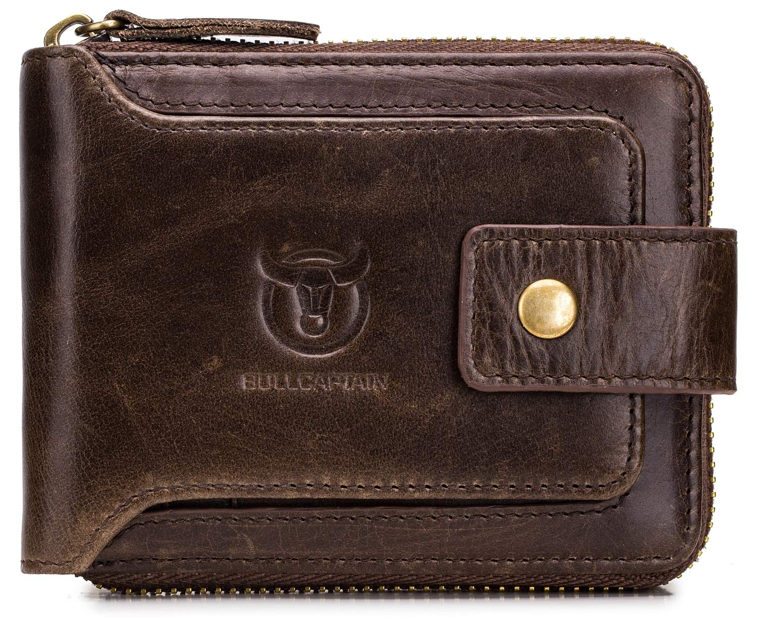 BULLCAPTAIN Men Zipper Around Wallet Genuine Leather RFID Blocking Bifold Large Capacity Coin Purse with ID Window (Brown)