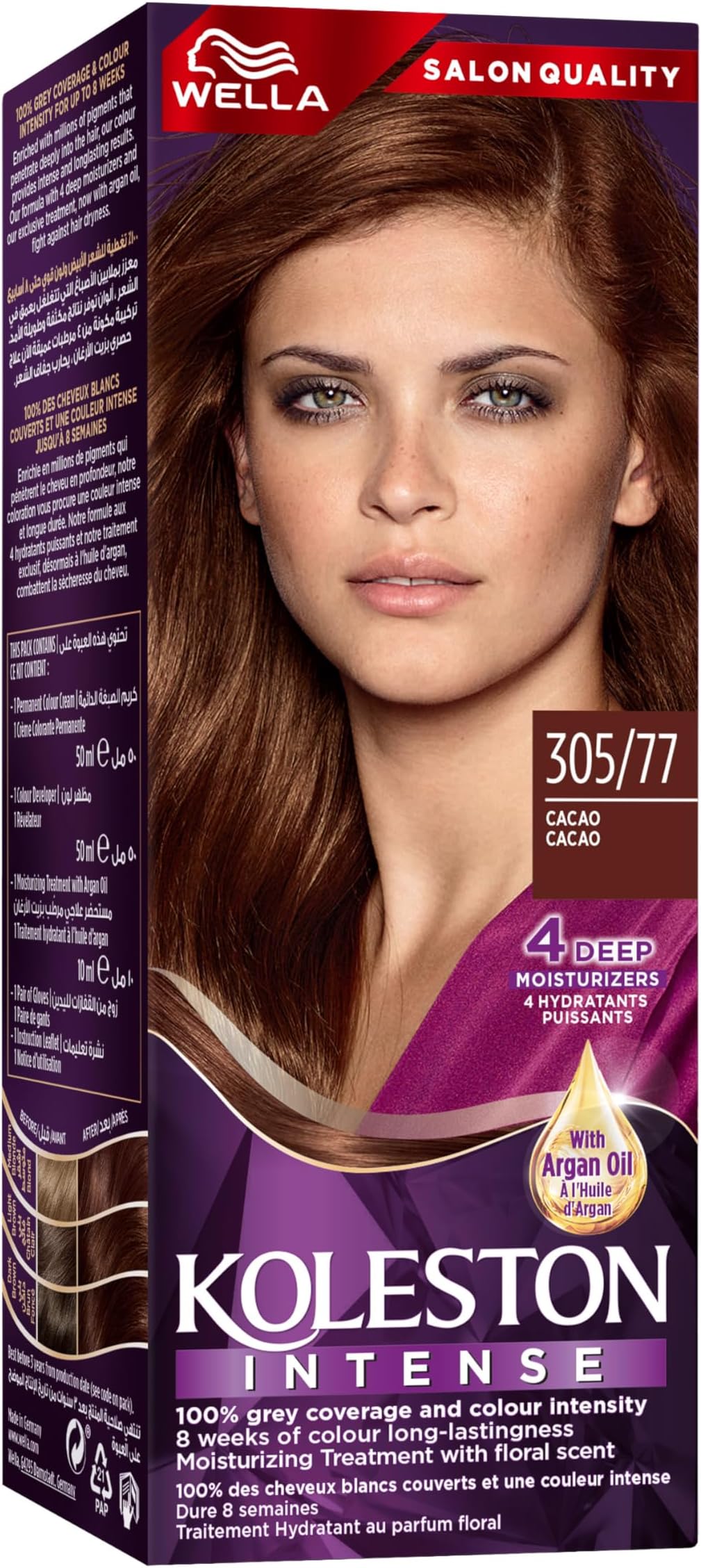 Wella Koleston Intense – Long-Lasting, Vibrant Hair Color with 100% Grey Coverage and Argan Oil – 305/77 Cacao