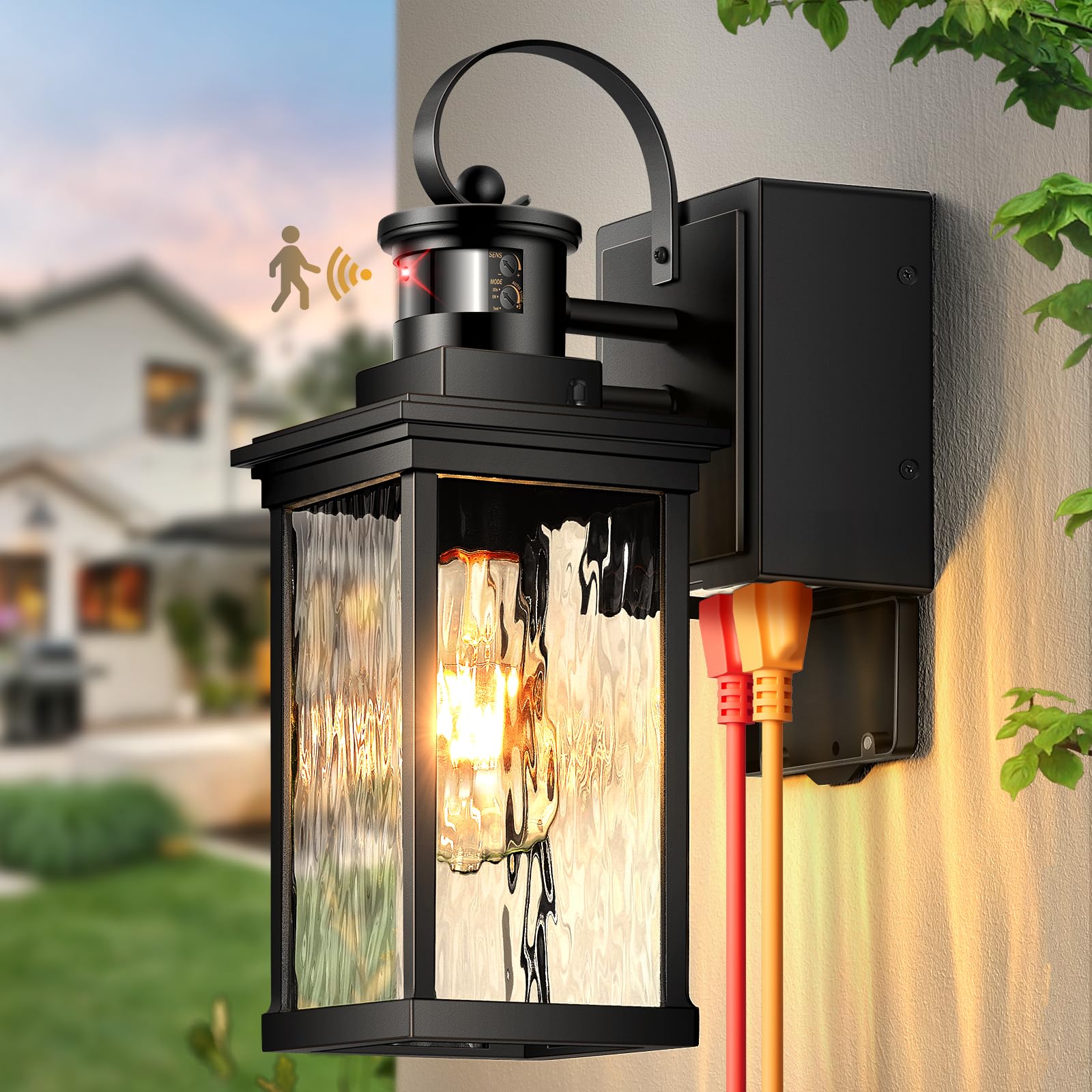 OPAXIS Outdoor Porch Light with GFCI Outlet, Black Motion Sensor Exterior Lighting Fixtures Wall Mount for House with Water Ripple Glass, Anti-Rust