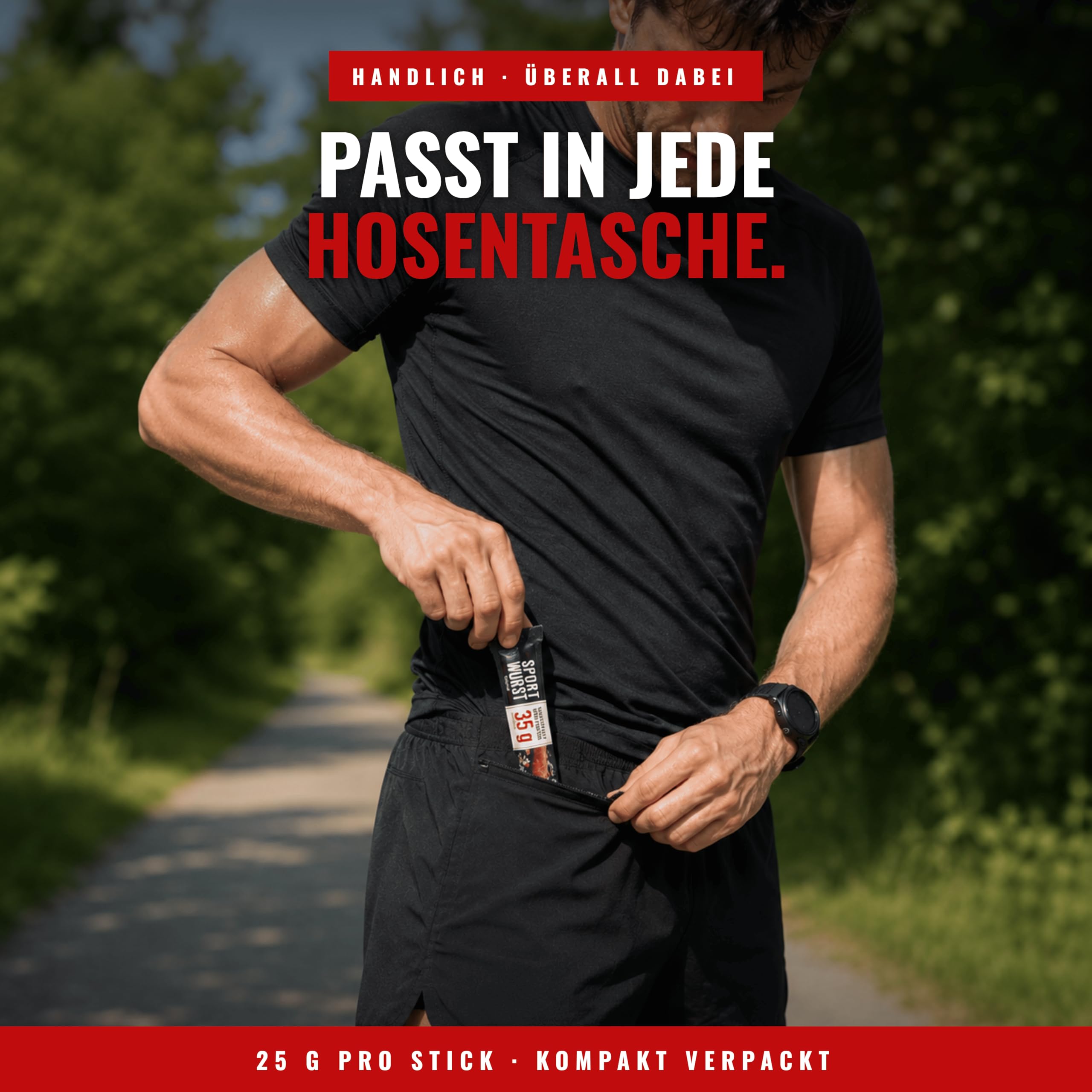 Messner Sportwurst 25x25g (625g) mit 35% Eiweiß und mind. 30% weniger Fett – Pork Snack, Saftig-fleischiger Biss, Zuckerarm – Herzhafte Alternative zu Pork Jerky, Salami Sticks & Protein Bar