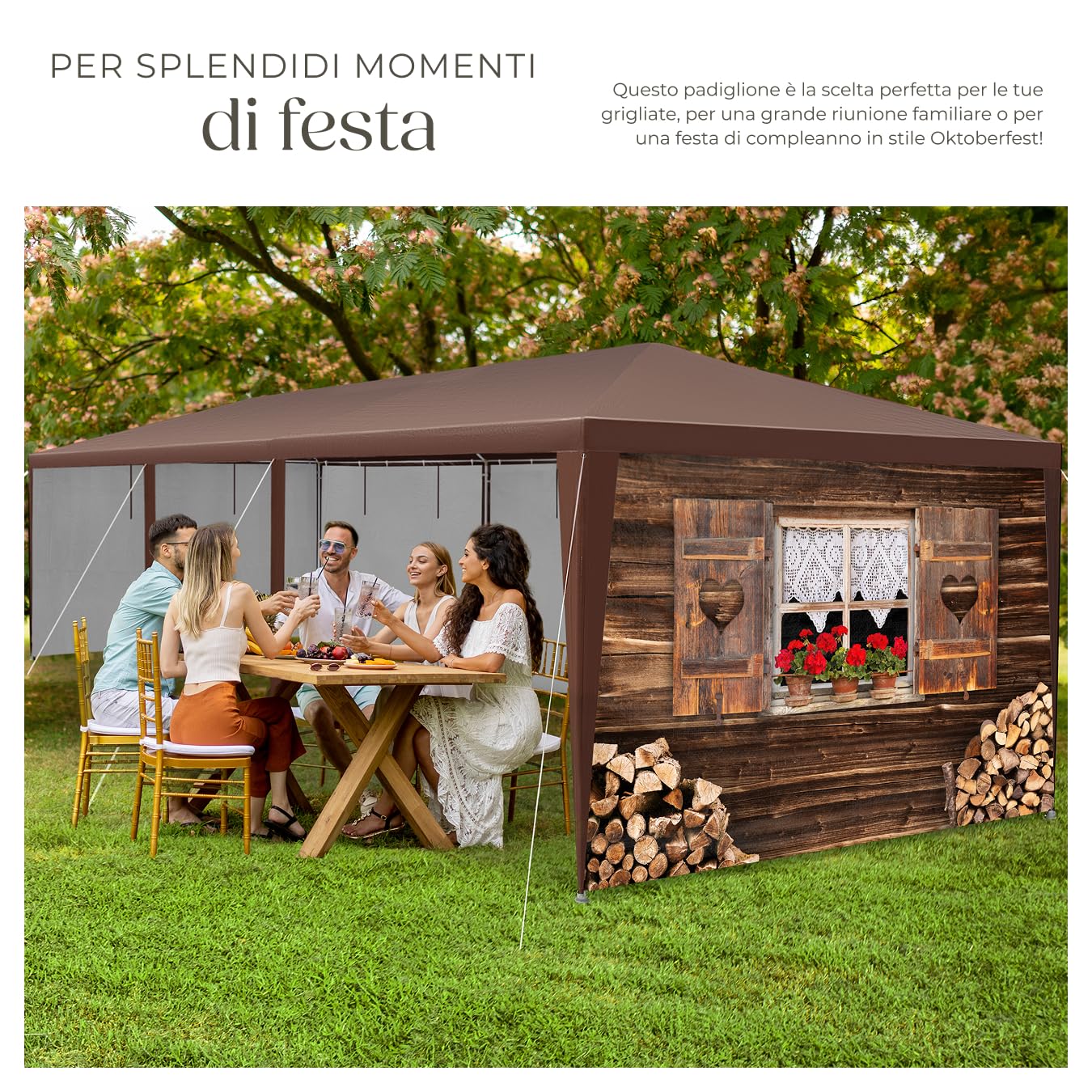 tectake® Gazebo Esterno Resistente 3x9 m, 8 Pannelli Laterali Rimovibili, Impermeabile, Struttura in Acciaio, Copertura UV, Tendone per Feste, Matrimoni, Campeggio, Gazebi Terrazzo Esterno - Rustico