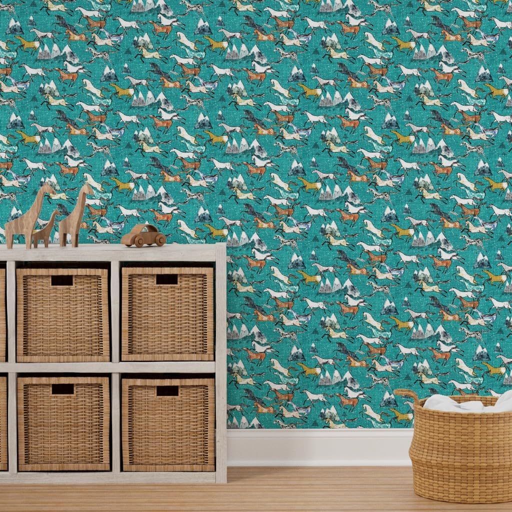 Spoonflower Peel & Stick Wallpaper 3ft x 2ft - Wild Horses Teal Horse Mountain Cowboy Western Southwestern Australia Custom Removable Wallpaper