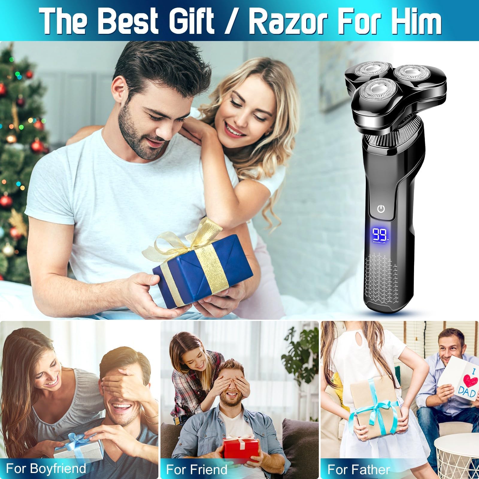 Rasoio elettrico da uomo, con display a LED, 100% impermeabile, rasoio senza fili, per rasatura bagnata/secca, rasoio elettrico da uomo, include rasoio per peli del naso, rasoio da viaggio