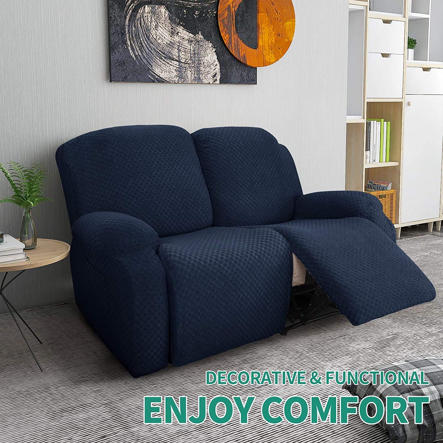 6-Stück Karierter Jacquard-Strickstoff Schnittsofa-Recliner Schonbezüge 2 Sitzplätze Couchbezug Waschbarer Möbelschutz Für Kinder Haustier (Navy)
