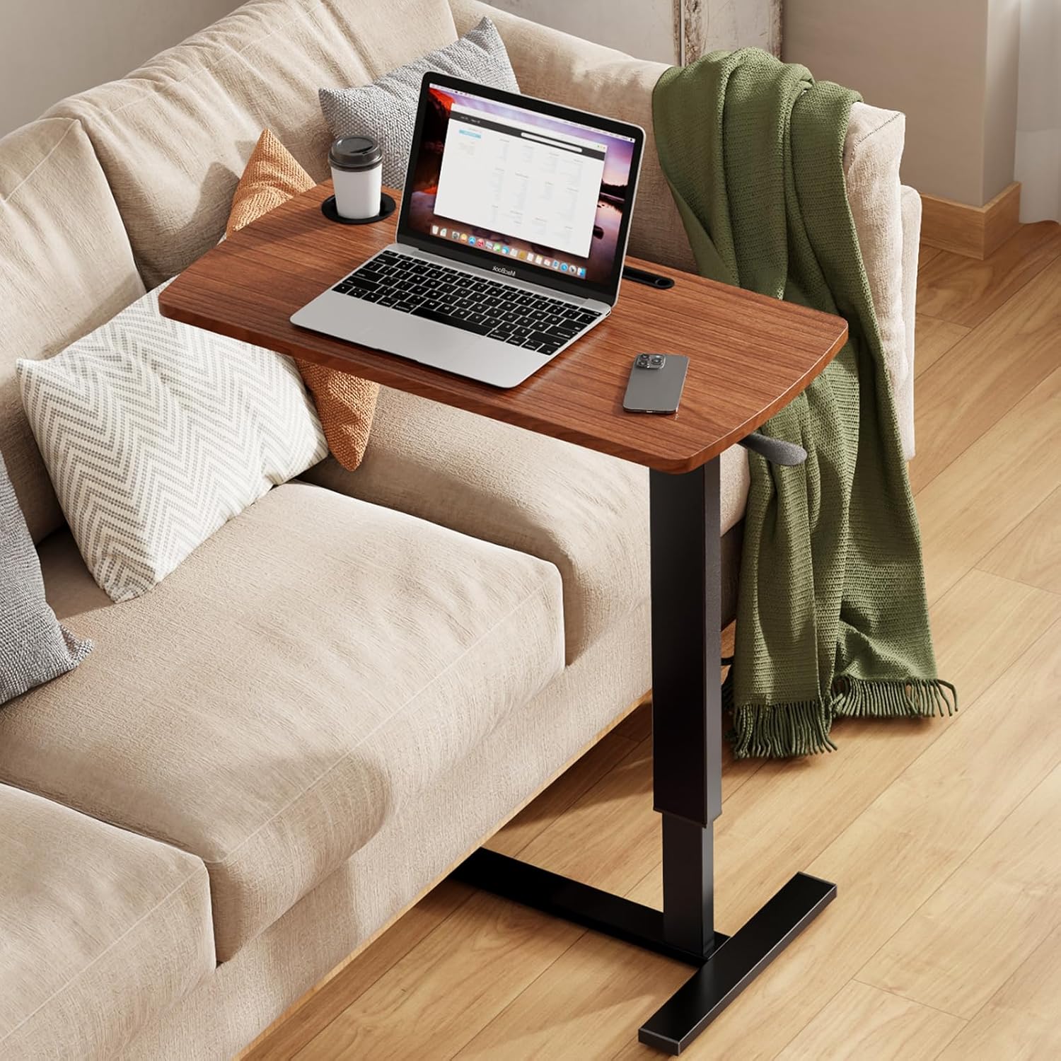 Foldable Overbed Table with Wheels, Pneumatic Adjustable Overbed Bedside Table, Mobile Standing Desk, Hospital Bed Tables Over The Bed, Rolling Laptop Desk with Casters for Home Office