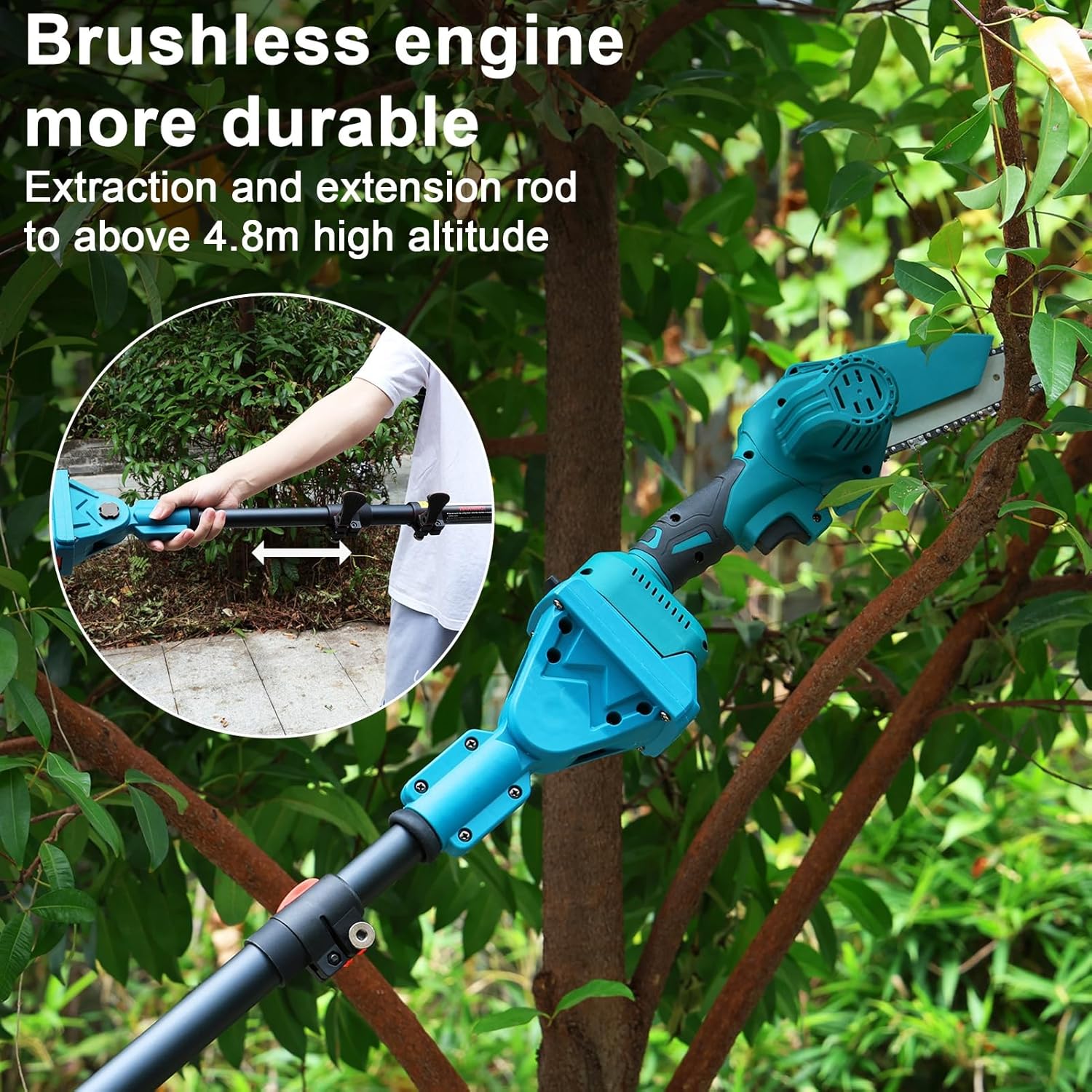 Cordless Pole Saw & Mini Chainsaw 2-in-1, 2 Pack 21V 4.0Ah Battery Powered Pole Saws for Tree Trimming,15.8 Ft Max Reach Tree Saw With Pole for Tree Branches Pruning, Wood Cutting Blue