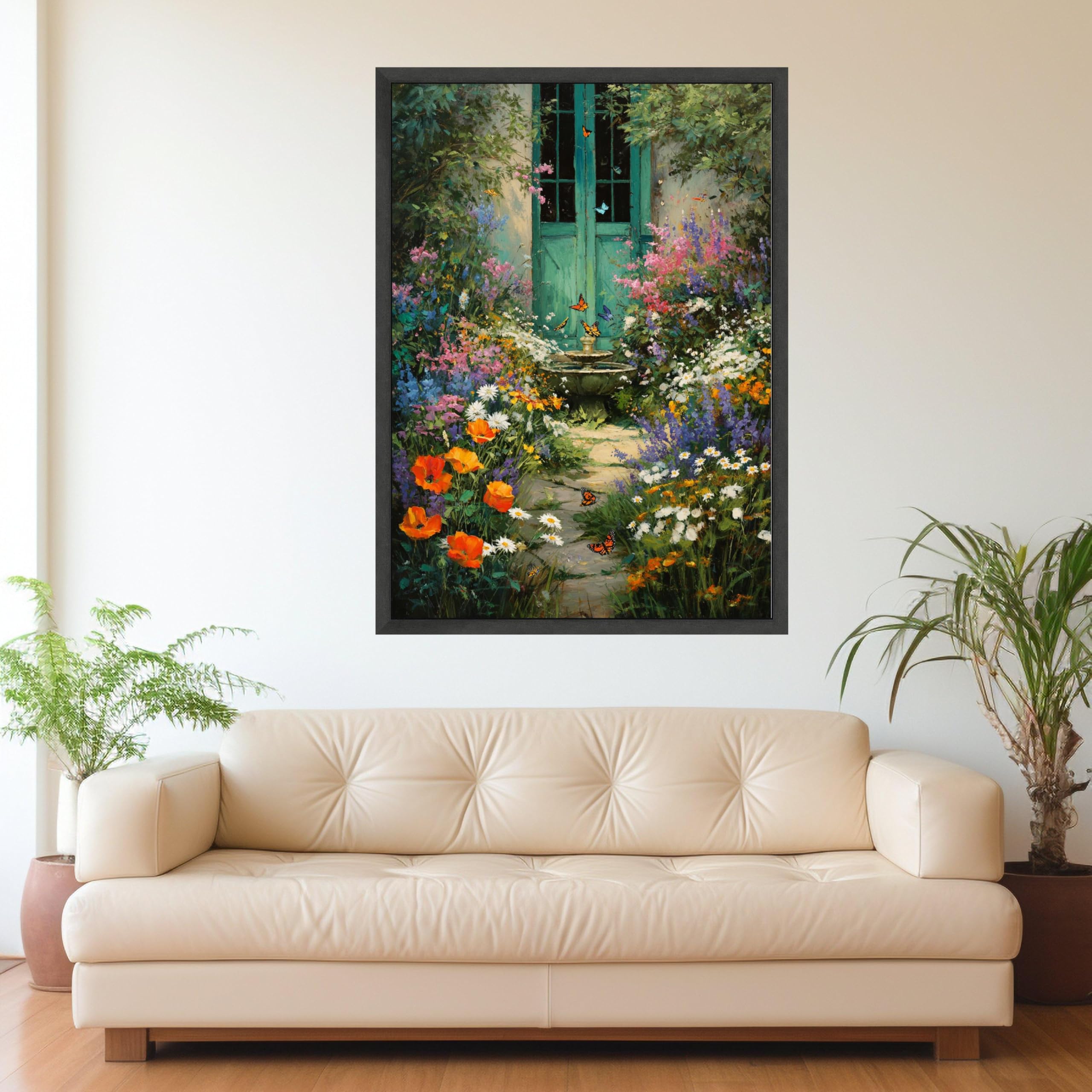 XINBAO Kwiatowy ogród na płótnie drzwi vintage motyle widok łuku dekoracja vintage płótno sztuka ścienna malarstwo plakaty i druki (60 x 90 cm / wewnętrzna rama)