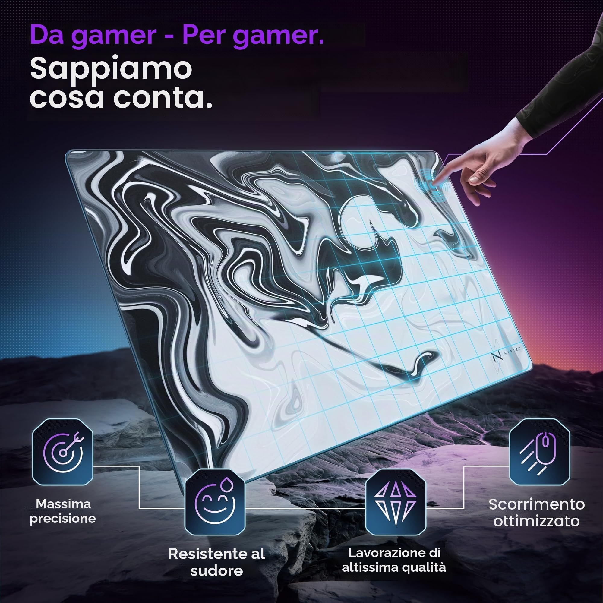 Nyfter Nyfpad - Tappetino per mouse da gioco di alta qualità, XXL, 900 x 500 mm, design liquido, senza onde con bordi cuciti (bianco-nero)