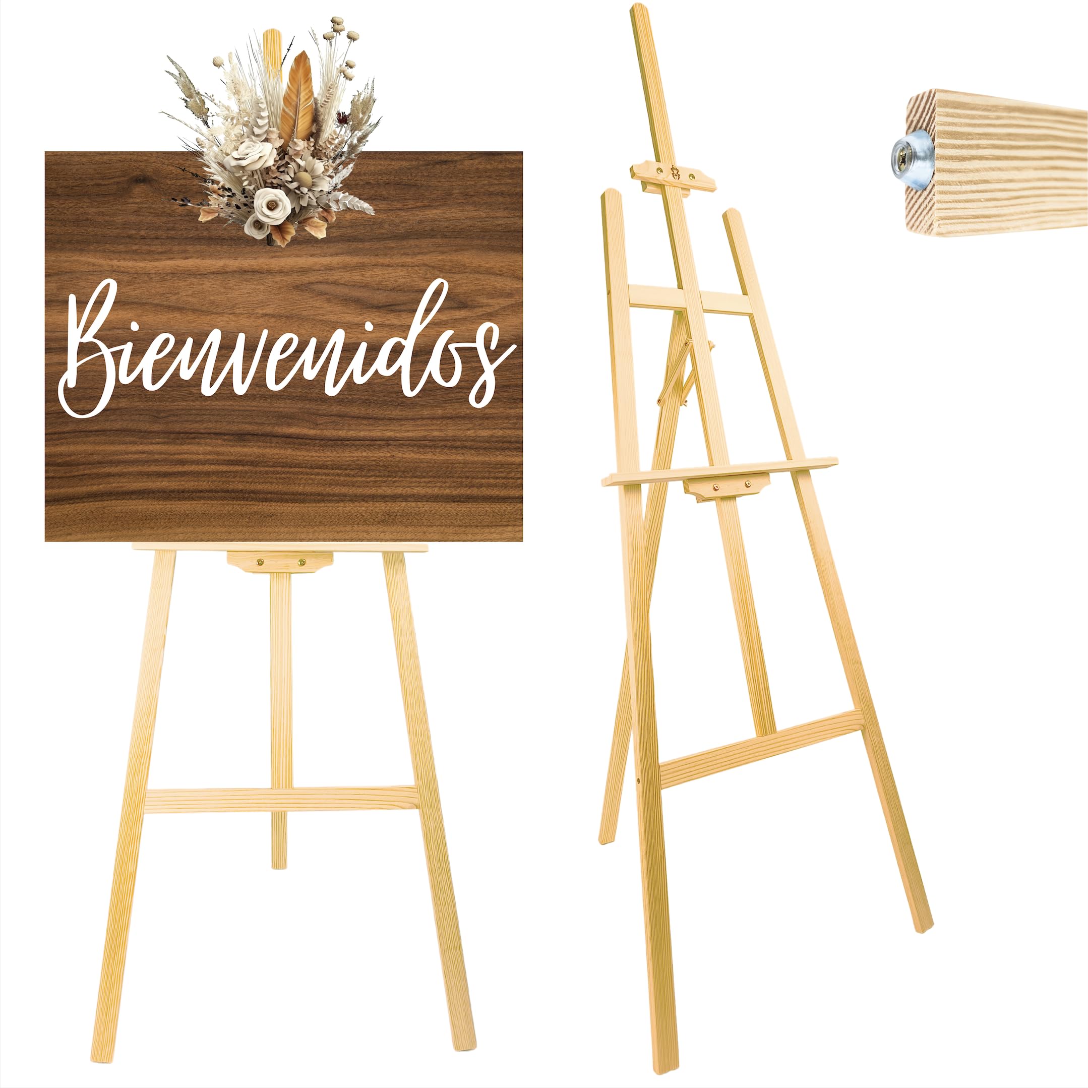 Caballete madera profesional 175cm para hosteleria, negocios y eventos. Caballete altura ajustable y plegable. Caballete pintura para lienzos grandes y pequeño. (Madera Natural, 175 cm)