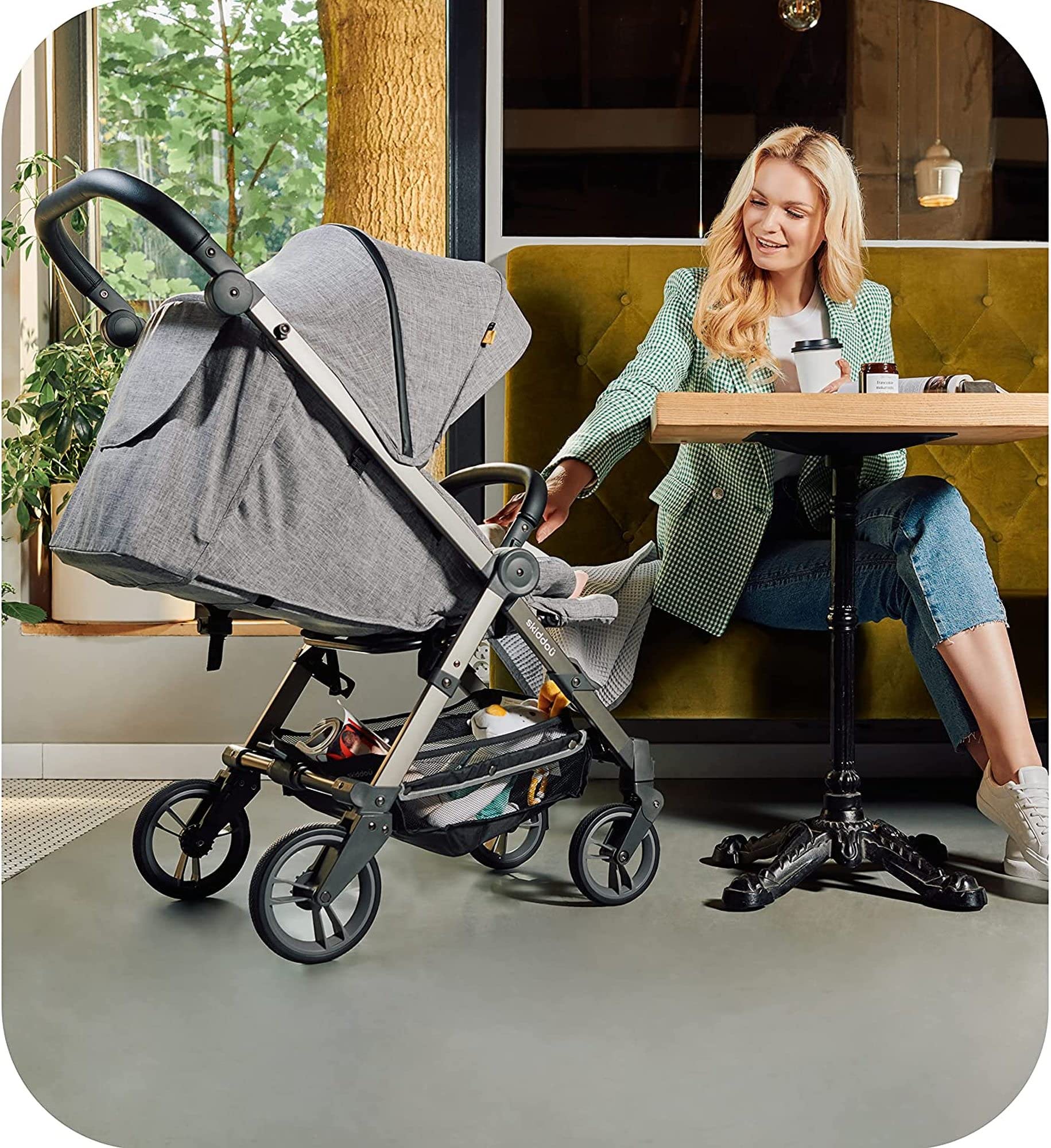 skiddoü passeggino leggero Mell, ruote grandi ammortizzanti, da viaggio pieghevole, schienale regolabile, impermeabile, zanzariera, fino a 22 kg, nero