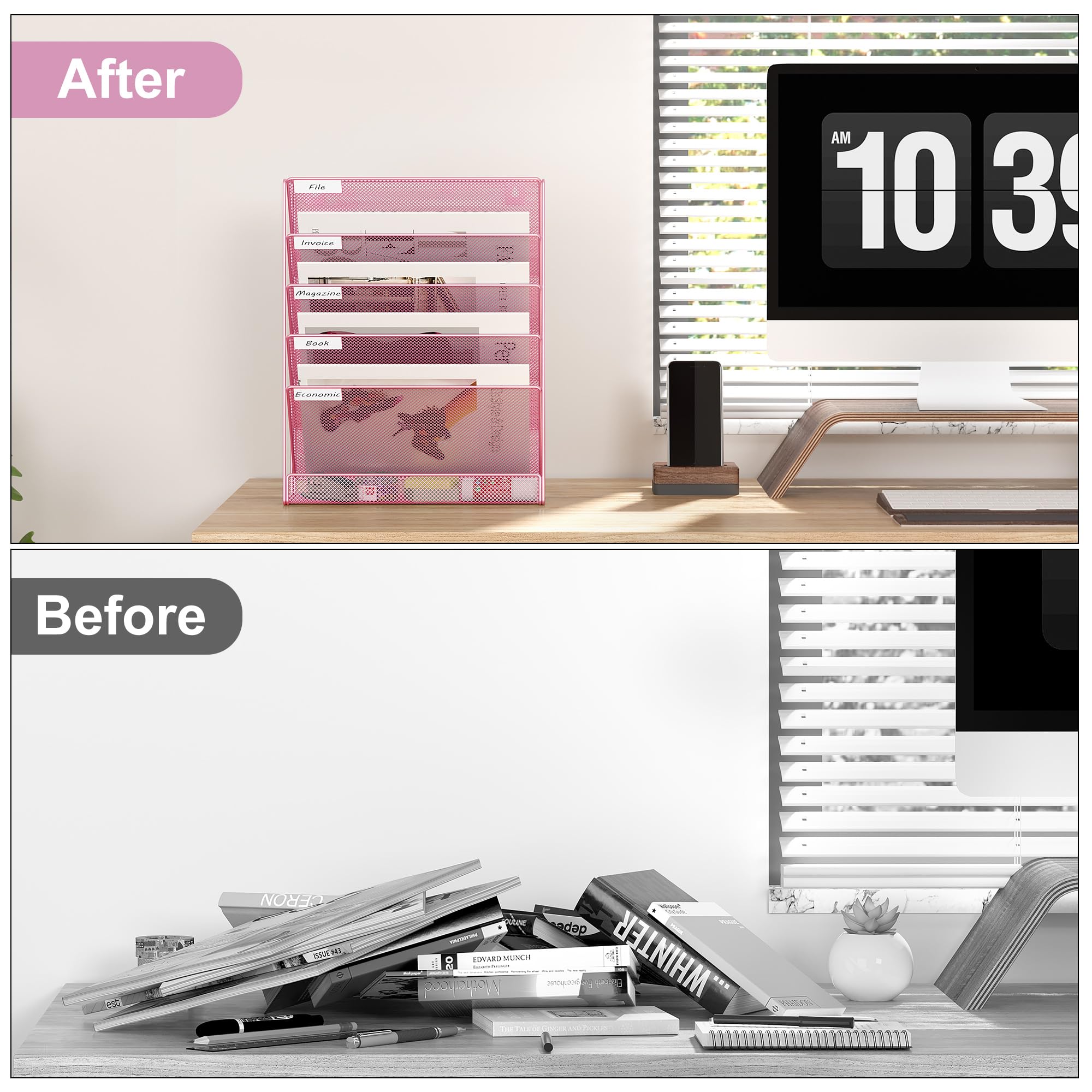 EasyPAG Organizer da ufficio a parete a 5 ripiani, verticale, con design a rete robusta, per scrivania o cubicolo, argento
