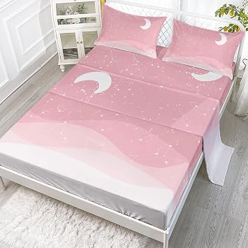 Night Moon Sheet Set Fitted Sheet and Flat Sheet Set 4Pcs Pink Star Starry Sky Printed Sheet Set with 1 Flat Sheet and 1 Fitted Sheet + 2 Pillowcases for Girls Pink Star Twin