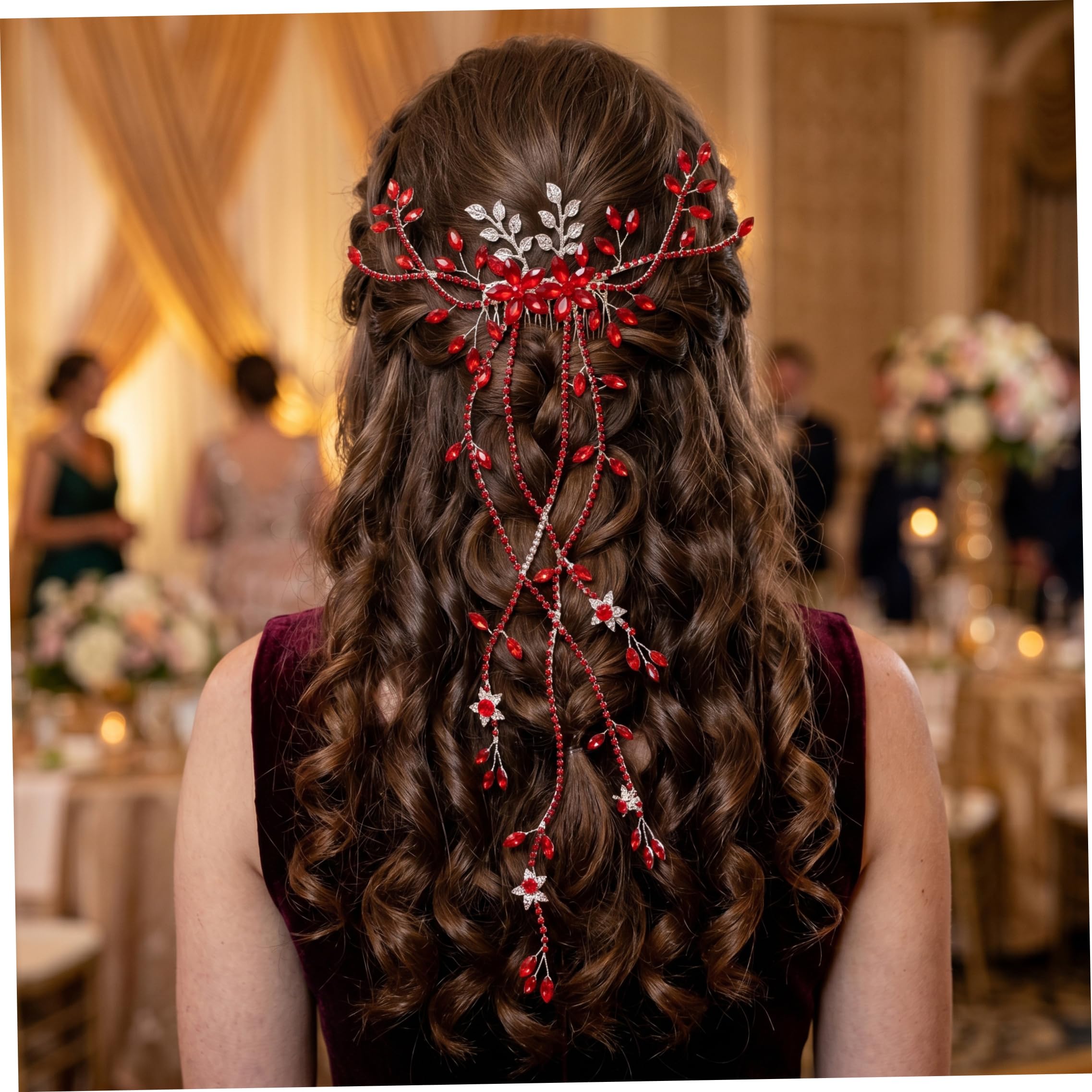 Copricapo da sposa per matrimonio, pettine per capelli con strass con foglia e nappa Accessori per capelli da sposa in lega fatta a mano per festa di ballo, rosso, copricapo per la