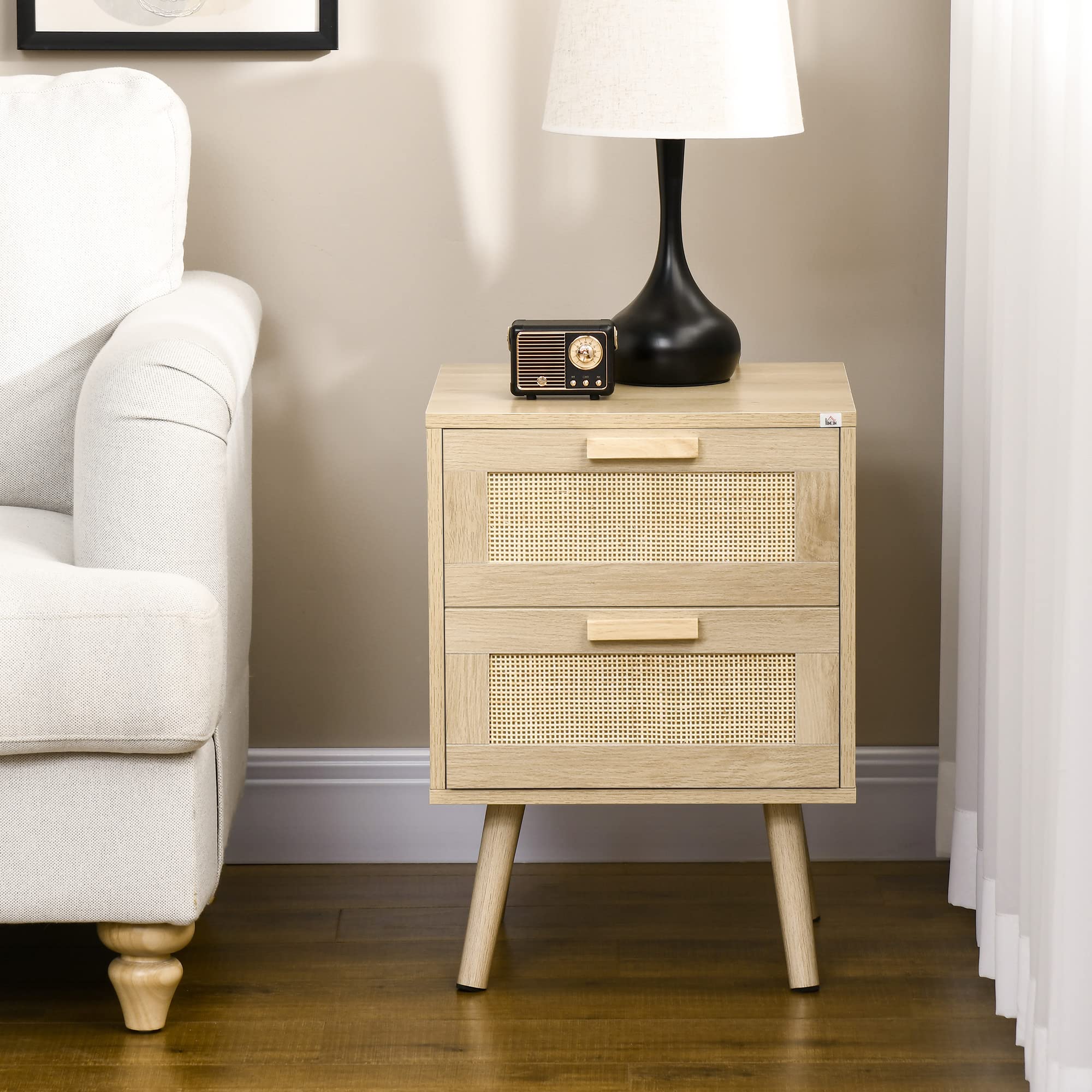 HOMCOM Mesita de Noche de Diseño Boho Mesilla de Noche con 2 Cajones de Rejilla y Patas de Madera para Salón Dormitorio 40x40x56 cm Natural