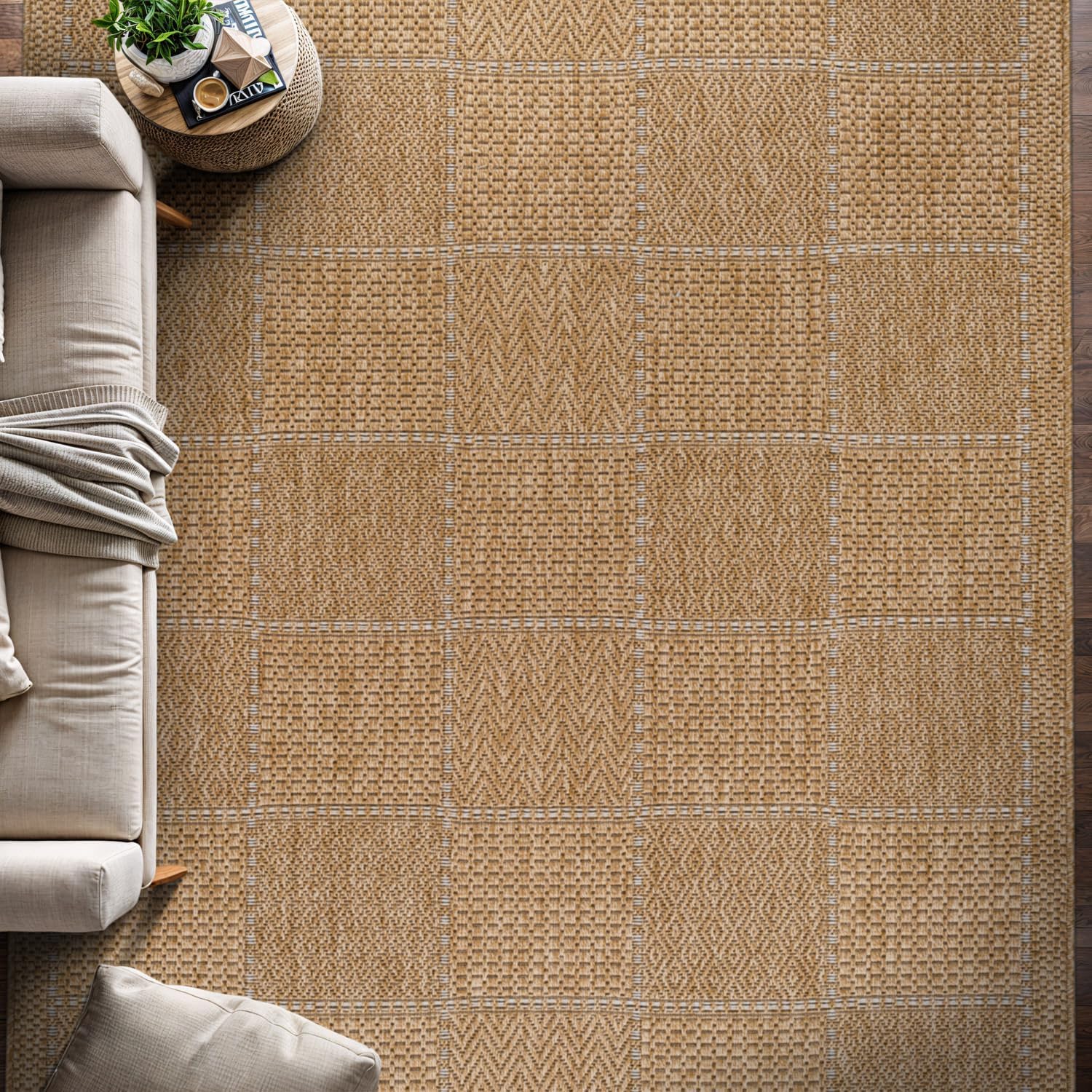 Beverly Rug Easy Jute Checkered Squared Rug 5x7 Washable Durable Indoor Outdoor Area Rugs for Living Dining Room Patio Office Stain Resistant Non Shedding Casual Indoor Outside Carpet 5 x 7 Natural