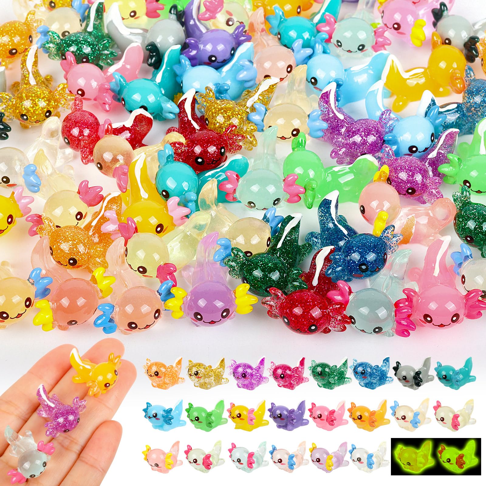 66PCS Mini Resin Axolotls, 22 Colors Tiny Resin Axolotls Little Small Miniature Plastic Axolotls Mini Animals Figures Glow in The Dark for Dollhouse Garden Micro Landscape Aquarium Hide Crafts Decor