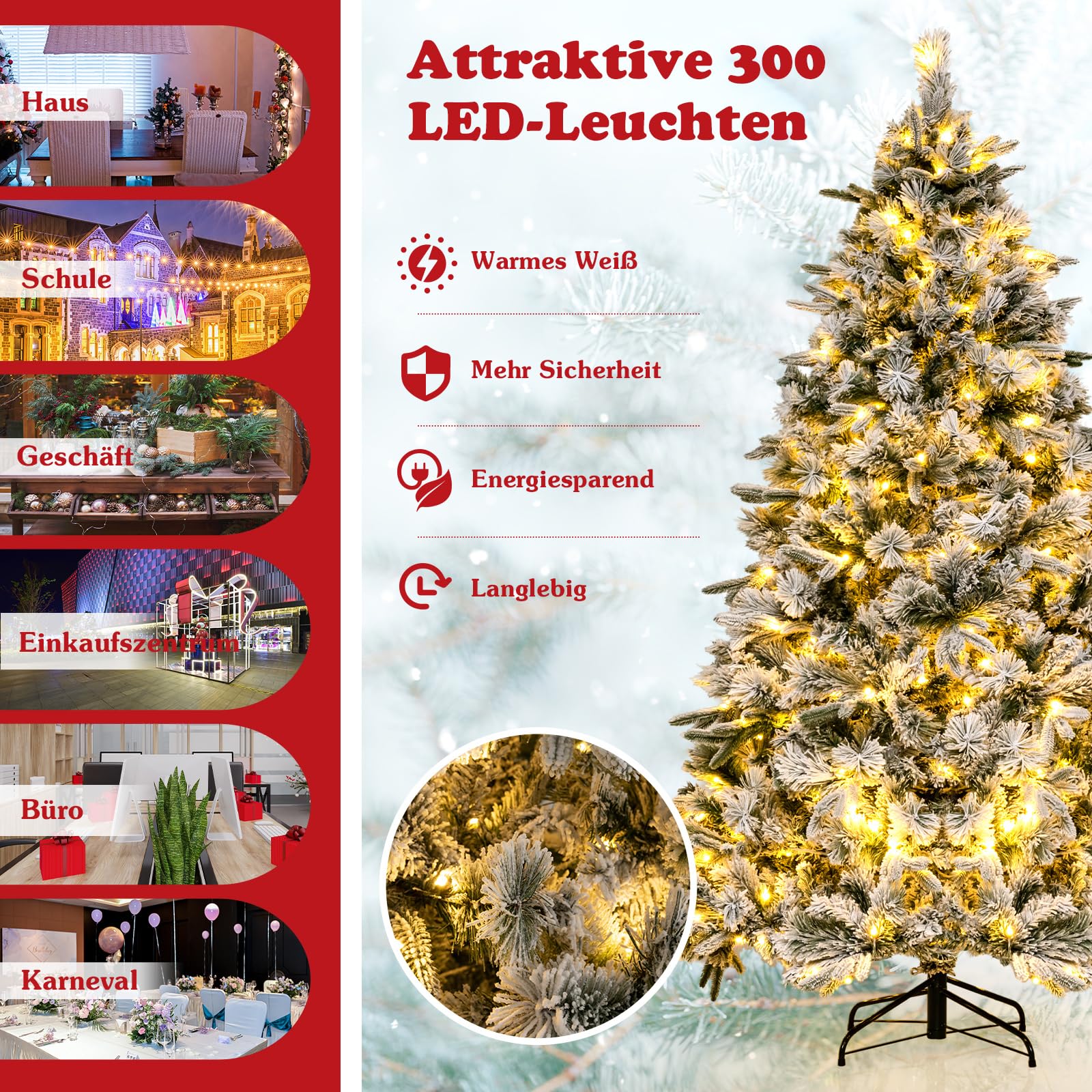 COSTWAY 210 cm Künstlicher Weihnachtsbaum mit Schnee und Beleuchtung, Tannenbaum mit 300 Warmweißen LED-Lichtern, 1096 gemischten Zweigspitzen, Christbaum, Kunstbaum Weihnachten für Zuhause, Grün