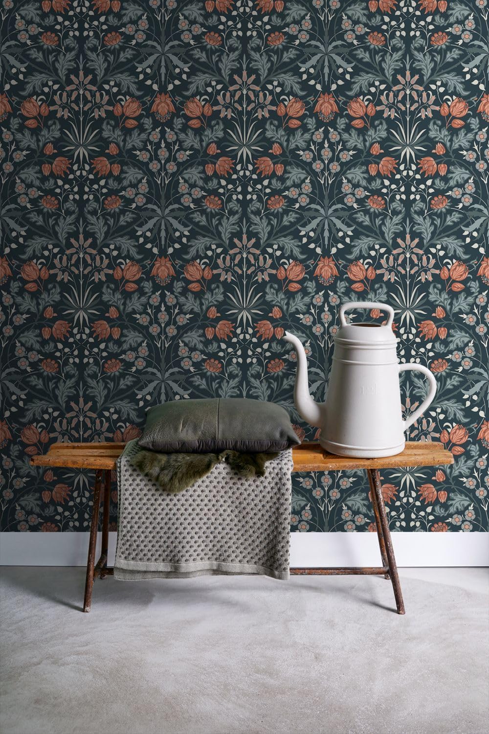 papier peint fleurs vintage de style art nouveau bleu foncé et terracotta 50 x 900 cm - ESTAhome