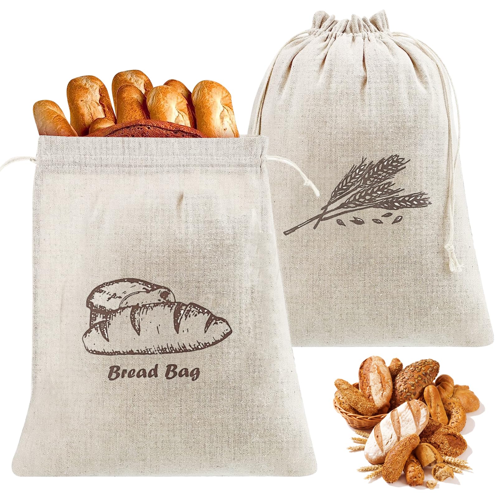 Sac à Pain Tissu Réutilisable 44 x 29 cm avec Cordon de Serrage pour Cuisine, Pain, Fruits et Légumes