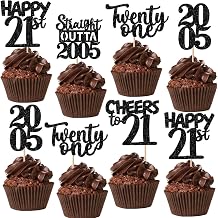 30PCS Black 21st Birthday Cupcake Toppers Glitter Twenty One Happy 21st Straight Outta 2004 Cupcake Picks for Cheers to 21 Years Birthday Anniversary Party Decorations Supplies