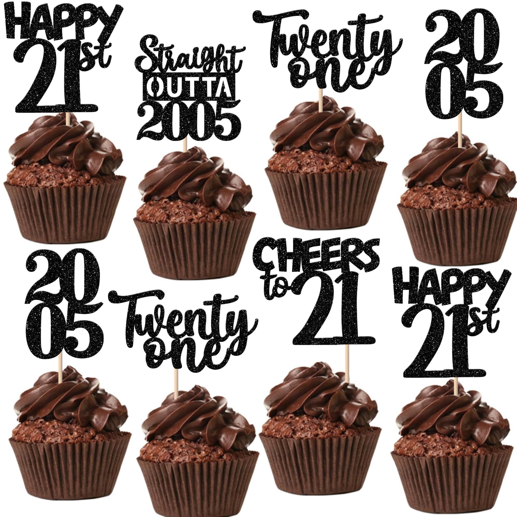 Xsstarmi 30 Pack Happy 21st Birthday Cupcake Toppers Black Glitter Twenty One Straight Outta 2005 Cupcake Picks for Cheers to 21 Years 21st Birthday Anniversary Party Cake Decorations