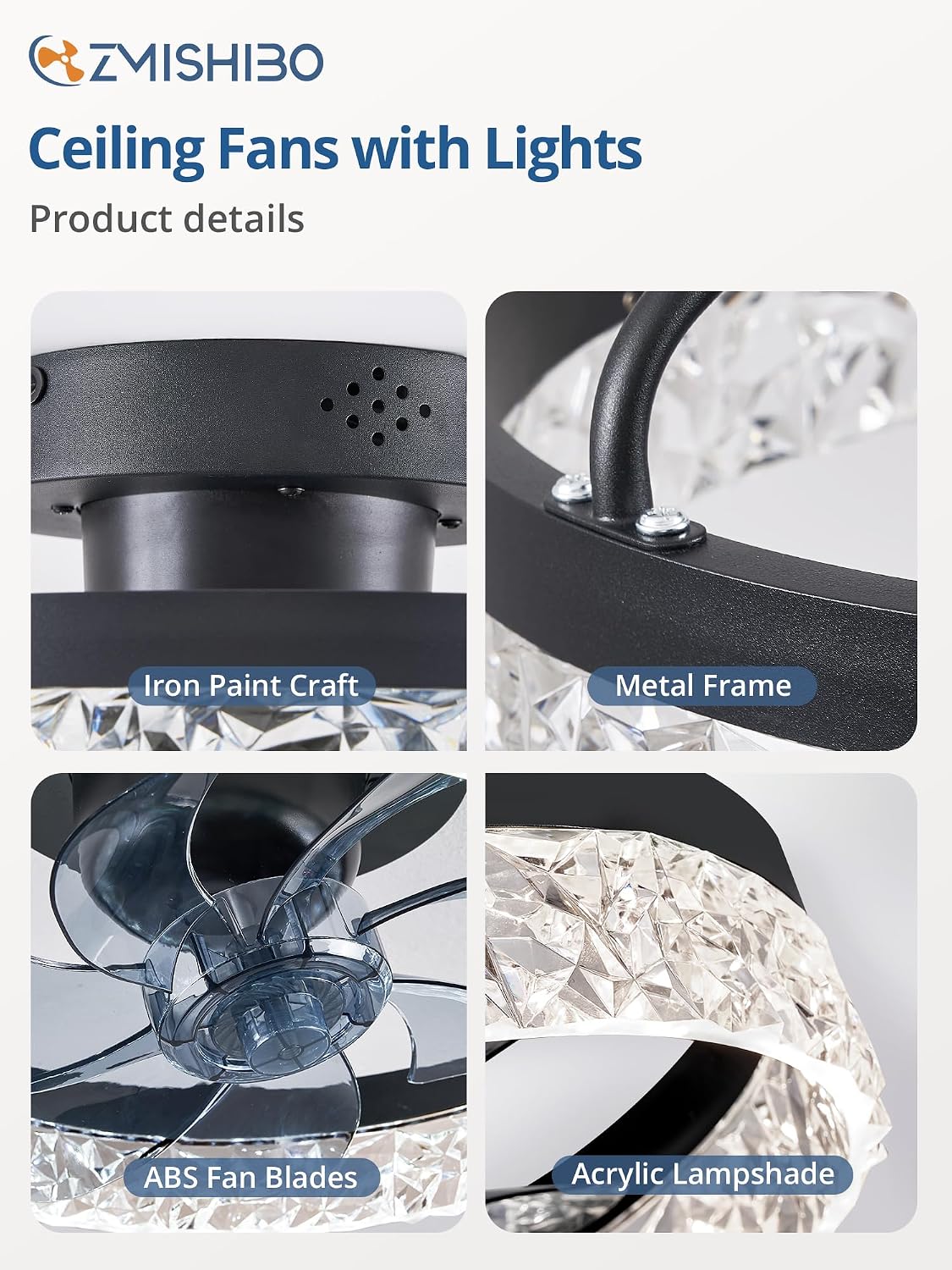 ക്ലോസ് അപ്പ് view of the ZMISHIBO ceiling fan's internal components, showing the iron paint craft, metal frame, ABS fan blades, and acrylic lampതണൽ.