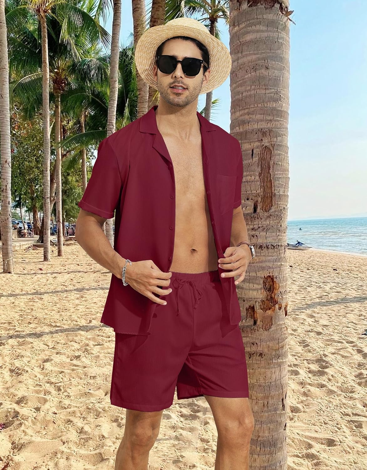 YTD Men's 2 Pieces Shirt Set Short Sleeve Button Down Casual Hippie Holiday Beach T-Shirts Shorts Outfits - Image 3