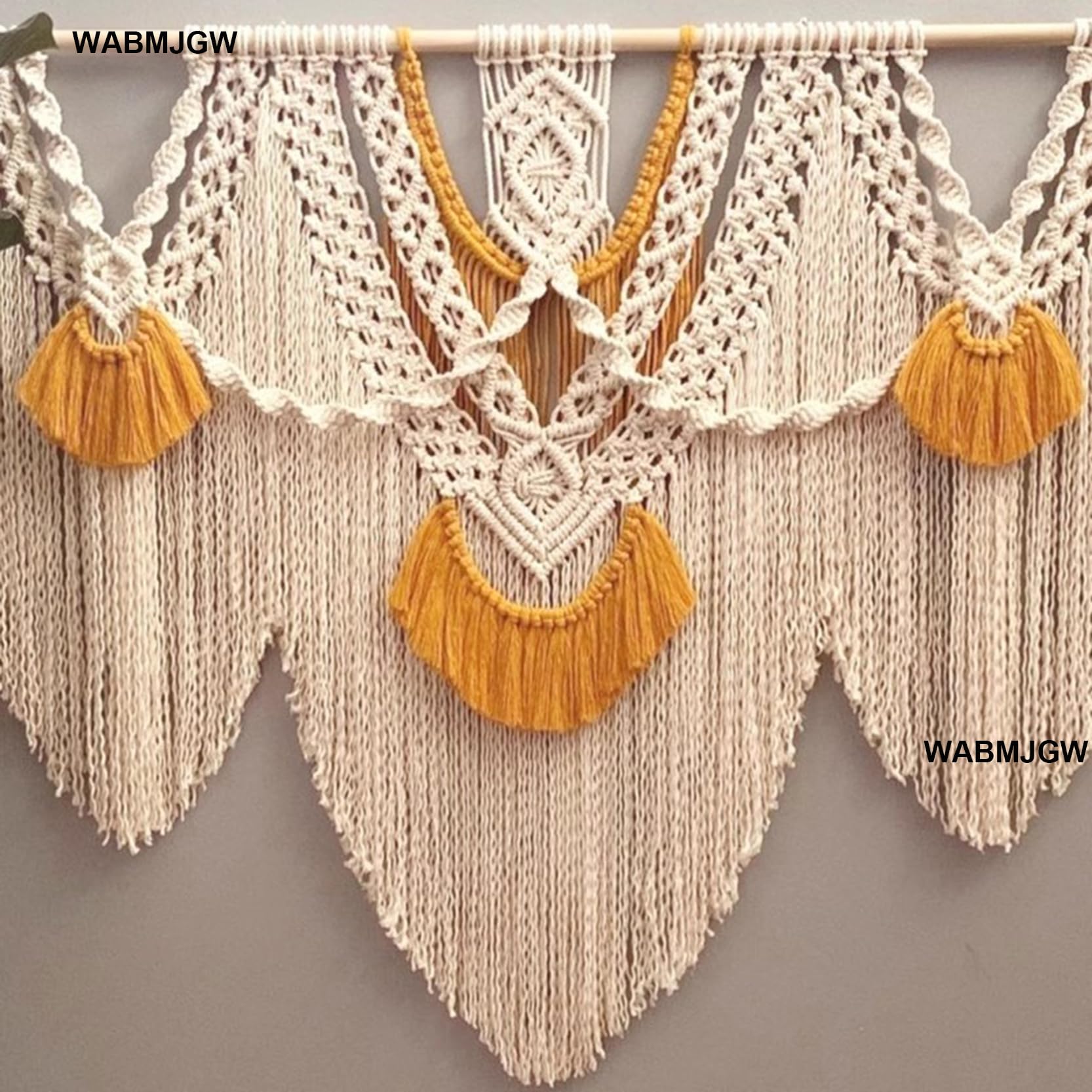 Makrama ścienna duża beżowa/pomarańczowa, makrama gobelinowa dekoracja ścienna boho, ręcznie robiona bawełniana lina frędzle wiązanie dekoracja ścienna do sypialni,Beige-110 x 100 cm