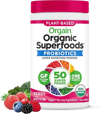 Orgain Organic Greens Powder, 50 Superfoods + Probiotics, Berry, 0.62 lb