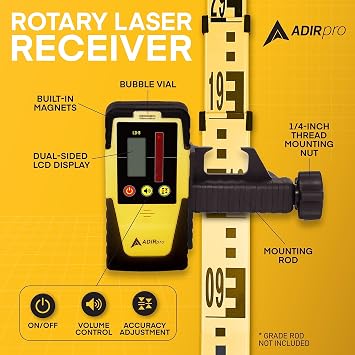 AdirPro Universal Rotary Laser Detector (LD-8) - Digital Rotary Laser Receiver with Dual Display and Built-In Bubble Level, Compatible with Most Red Rotary Lasers - Rod Clamp Included