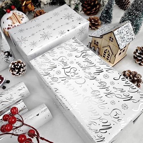 Miniatura 4 de LDGOOAEL Mini rollo pequeño de papel de regalo de Navidad con líneas de corte en el reverso (17 x 120 pulgadas por rollo), copos de nieve plateados
