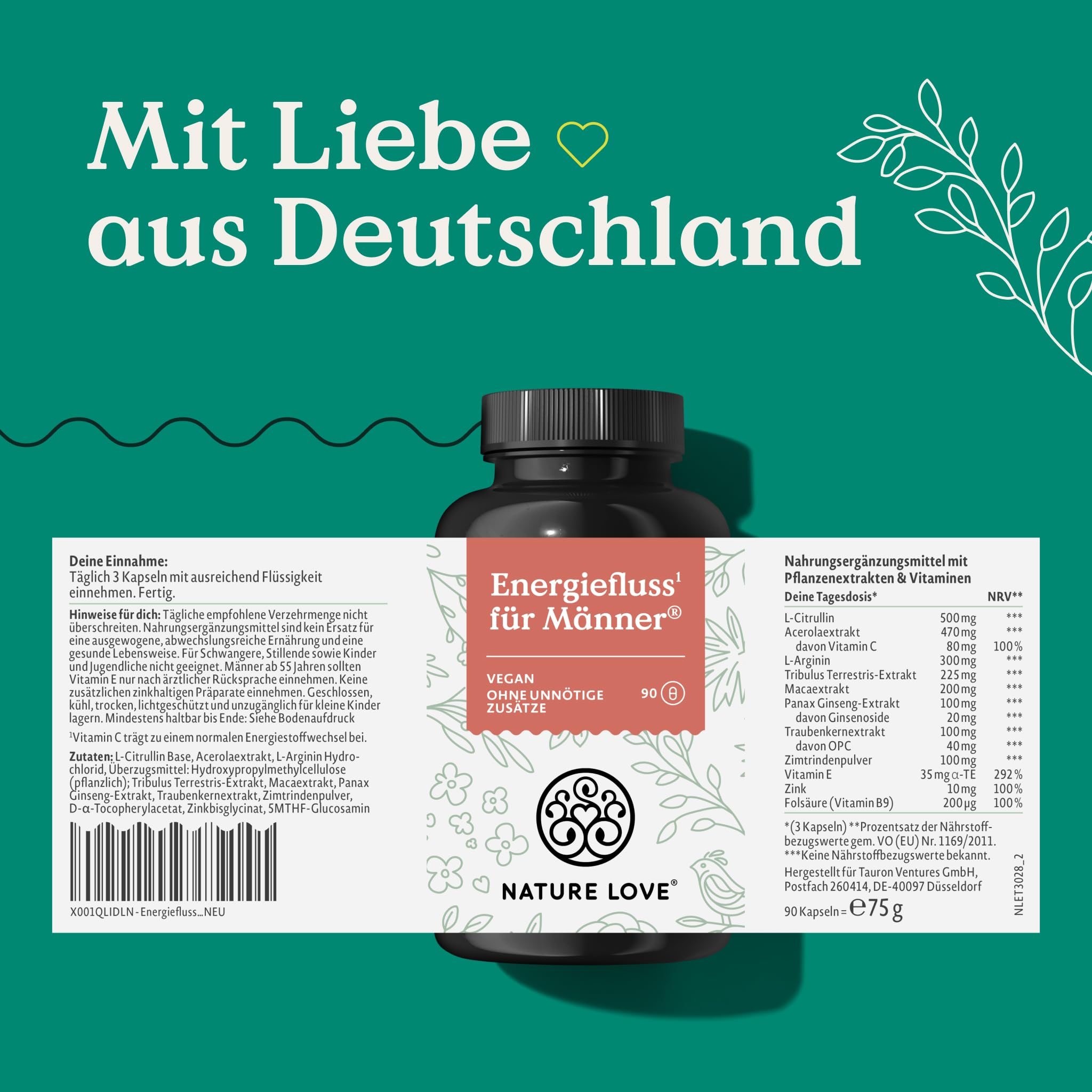 NATURE LOVE® Energiefluss für Männer - 90 Kapseln - Mit Tribulus Terrestris Extrakt, Maca Extrakt, L-Arginin, L-Citrullin, Zink, Folat, Vitamin C, Pflanzenstoffen - Hochdosiert, vegan und laborgeprüft
