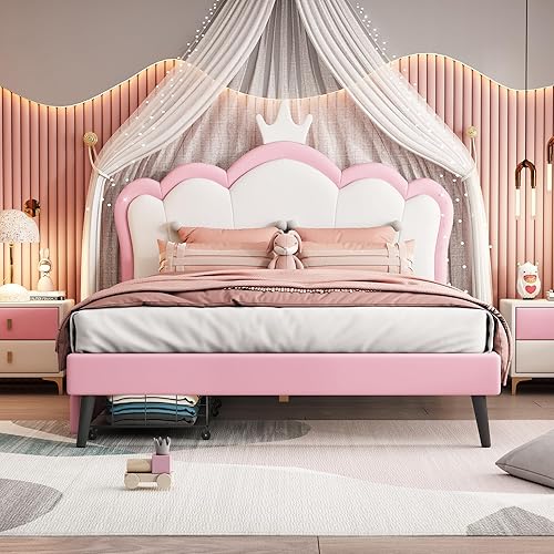 Miniatura 19 de Moderna base de cama de madera maciza de tamaño matrimonial para niños con cabecera en forma de corona, marco de cama tapizado de princesa con luces