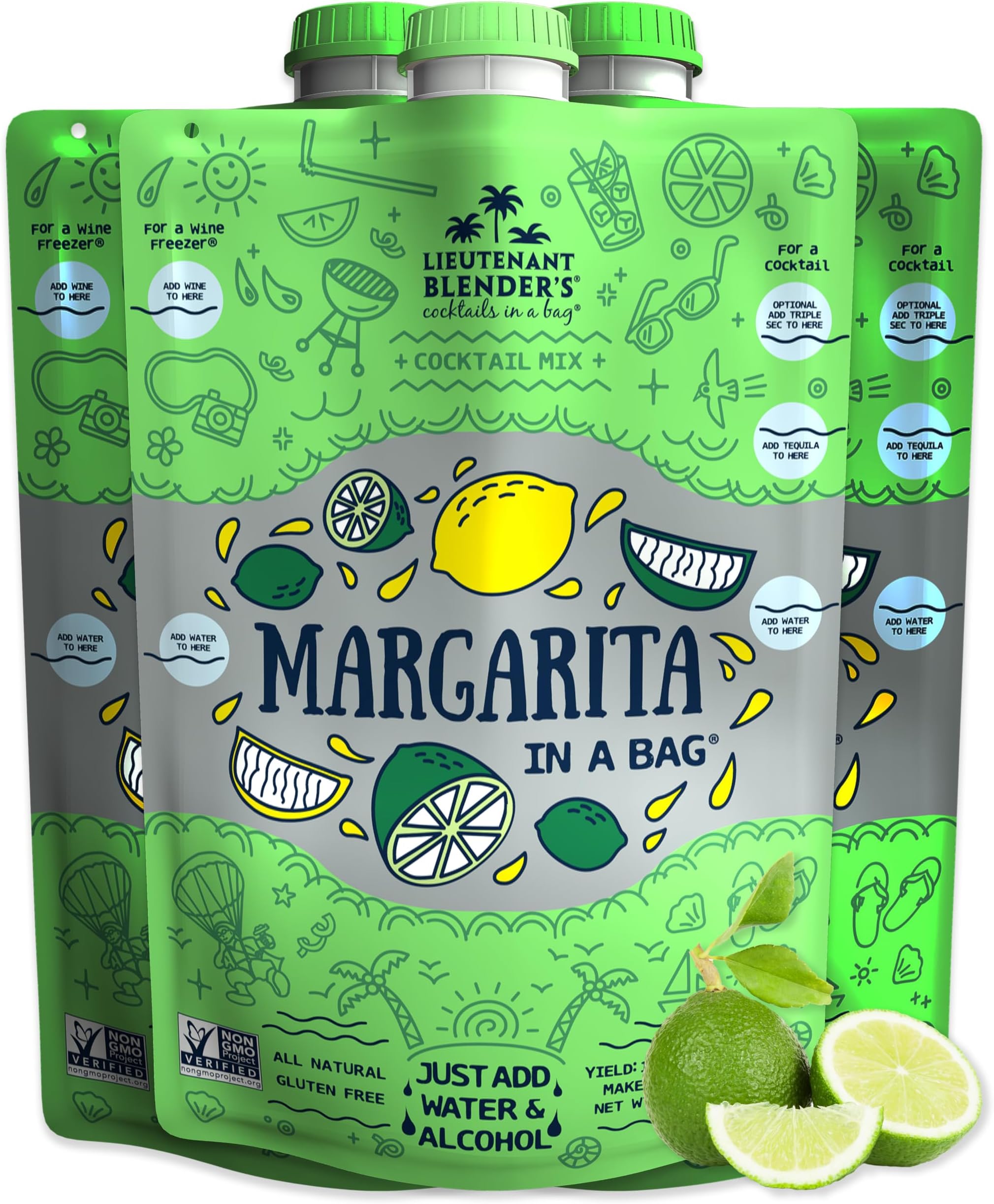 Lt. Blender's Margarita in a Bag - Margarita Mix - Each Bag Makes 1/2 Gallon of Frozen Margaritas – Non-GMO Cocktail Mix - No Blender Needed – Add Liquor, Wine or as a Mocktail (Pack of 3)