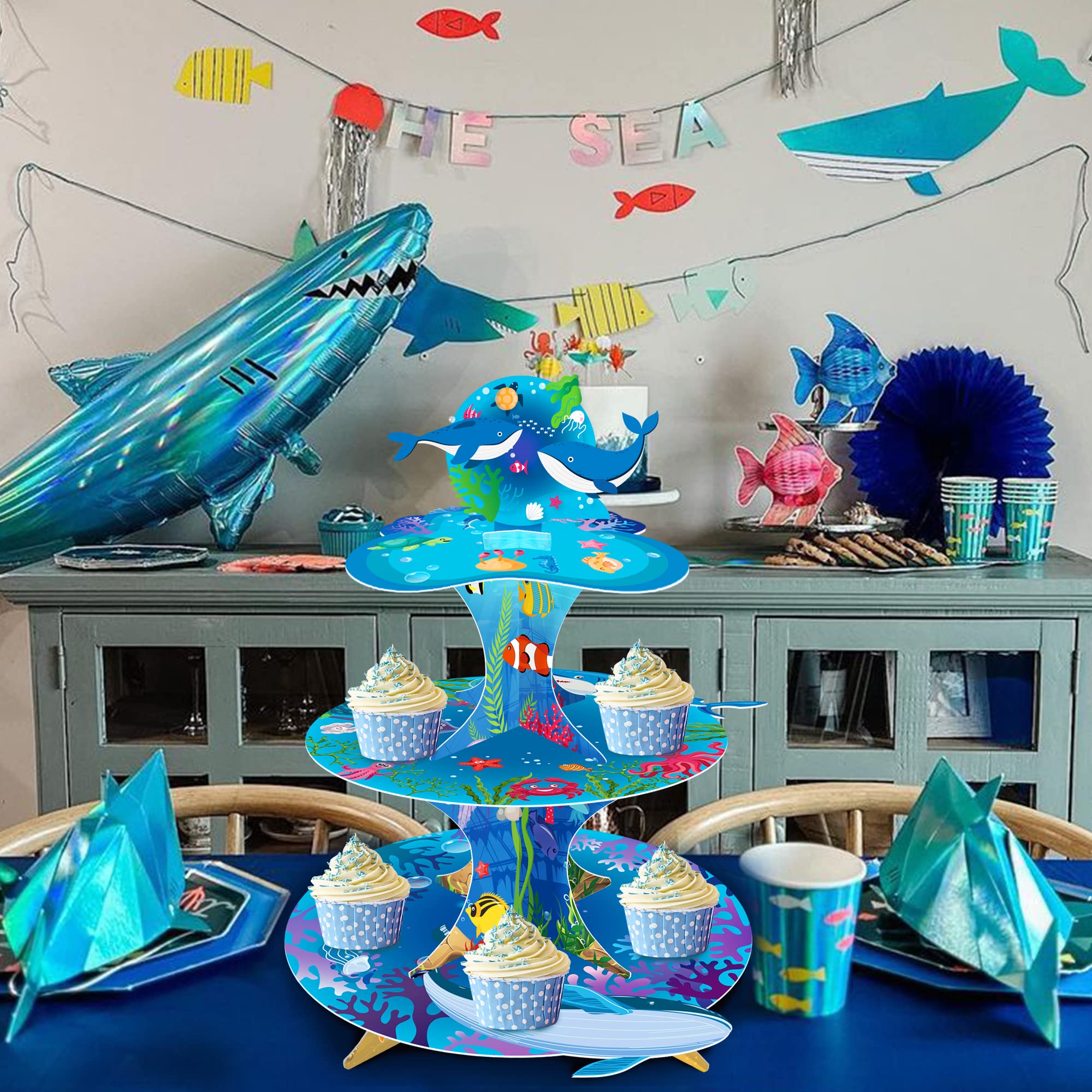 3-stöckiger Cupcake-Ständer Unterwasser-Thema – Aus Karton, Für Geburtstagspartys & Dekoration