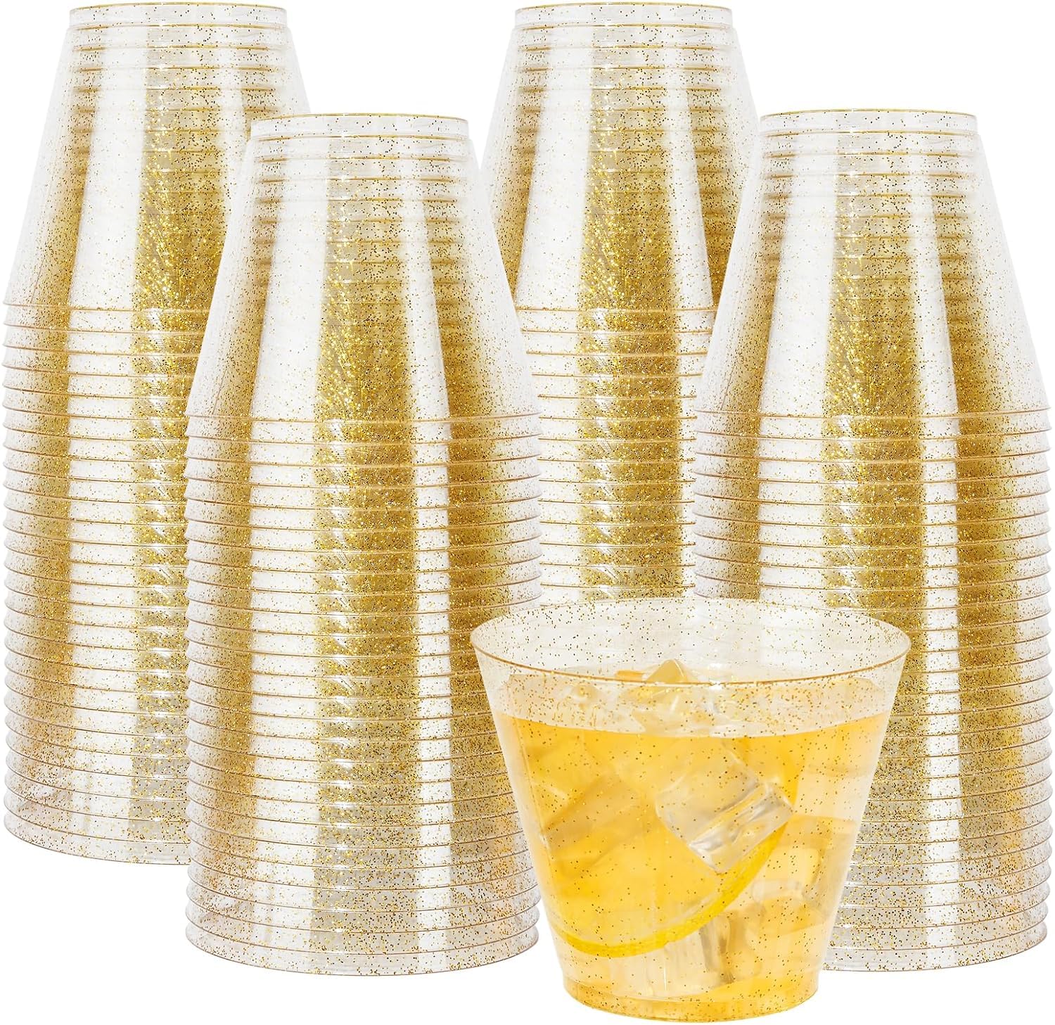 Miluoou 100 bicchieri in plastica rigida con glitter, 270 ml, in plastica, riutilizzabili e trasparenti, per feste, matrimoni, compleanni