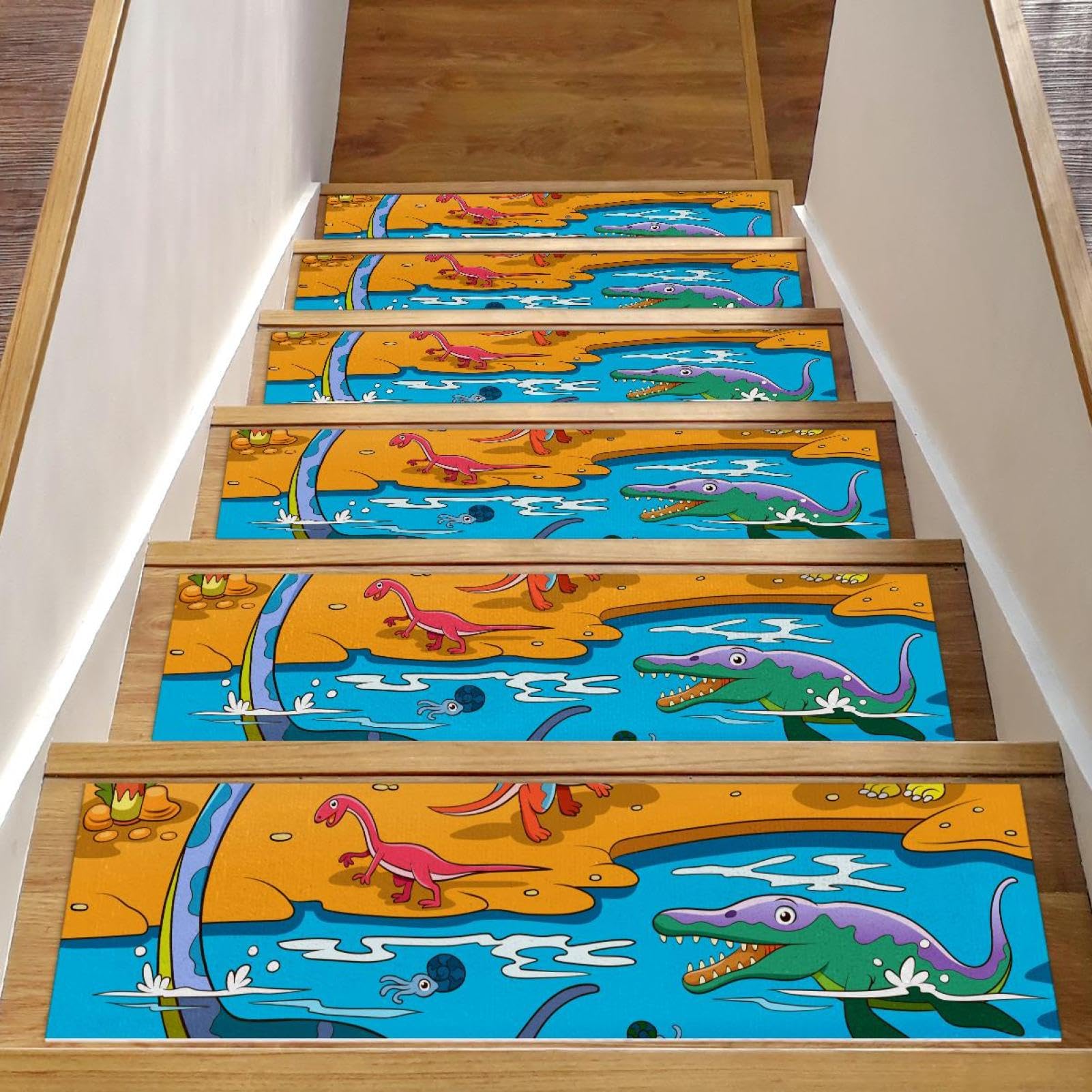 Alfombrillas de escalera antideslizantes con diseño de dinosaurios para peldaños de interior 1
