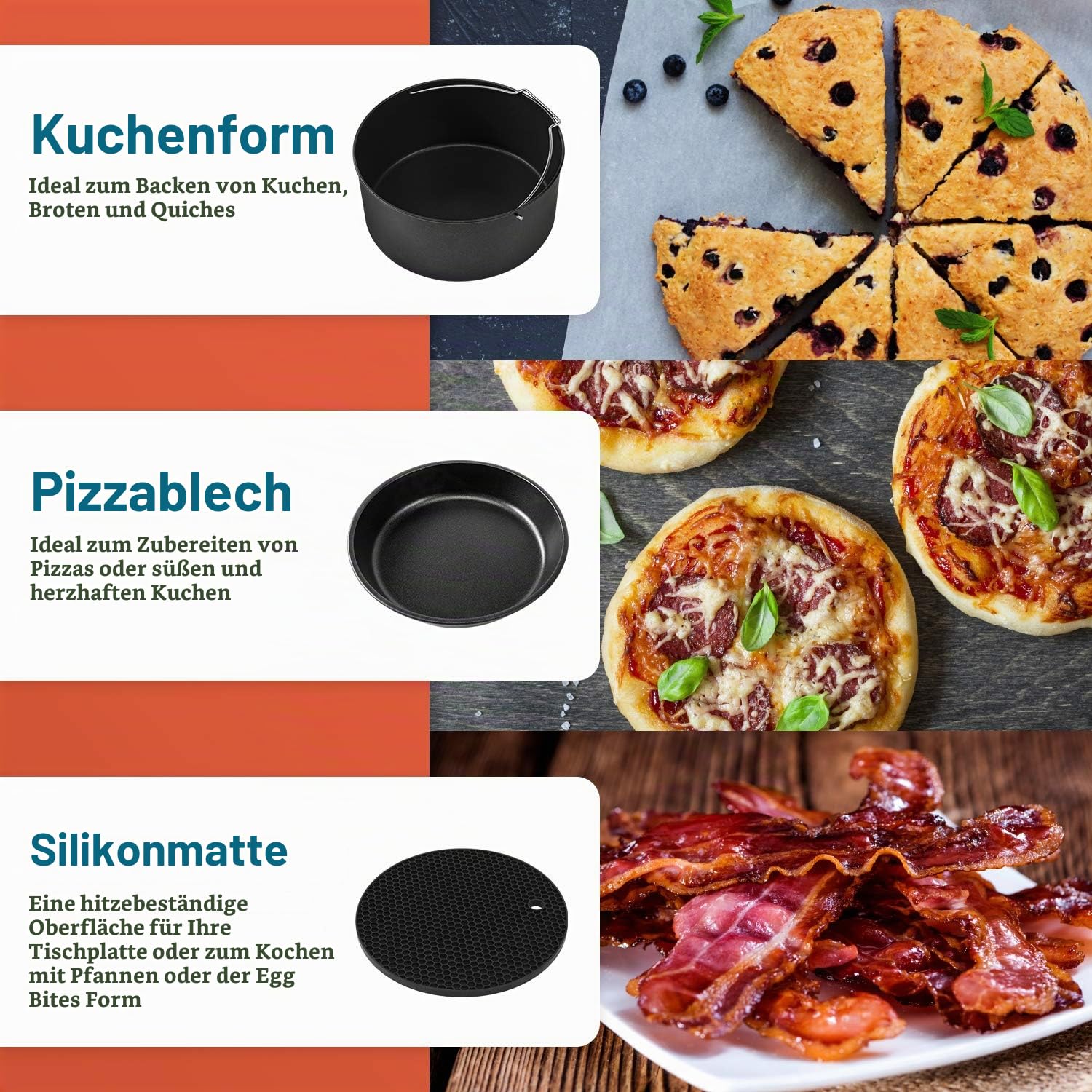 COSORI Heißluftfritteuse Zubehör, Sechsteiliges Zubehörset für 3,5 Liter Fritteusen Air Fyer, Backform, Pizza Pan, Grillrost, Dämpfen Rack, Silikonmatte, Muffinform, C137-6AC