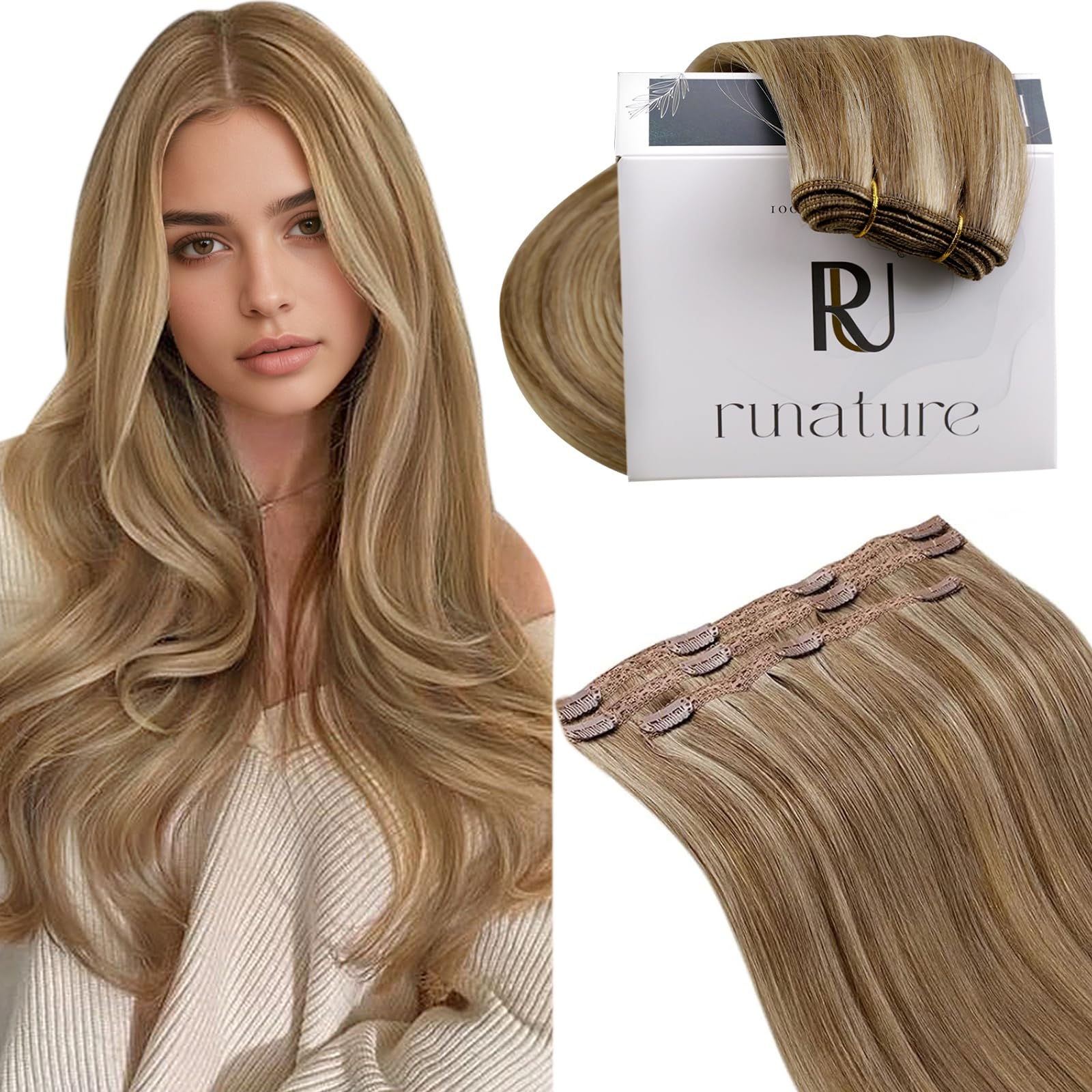RUNATURE Human Hair Clip in Extensions, Real Hair Extensions Clip Ins, Straight Clip in Hair Extensions, Add Hair Volume, Full Ends, 12 Inch 50g 3pcs #10P16 Caramel Blonde Highlights
