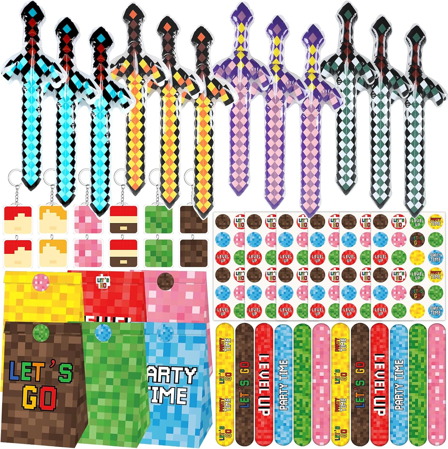 60pcs Pixel Party Favor Colorful Video Game Paper Gift Bags Inflatable Sword Slap Bracelets Key Chains Stickers Pixel Mining Birthday Party Supplies Activities Parties Kit