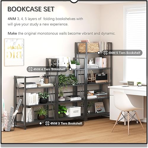 Miniatura 5 de 4NM No Assembly Folding Bookshelf, 5-Shelf 62.2" H Collapsible Foldable Bookcase Storage for Small Spaces, All Black Marrón rústico y negro,Todo