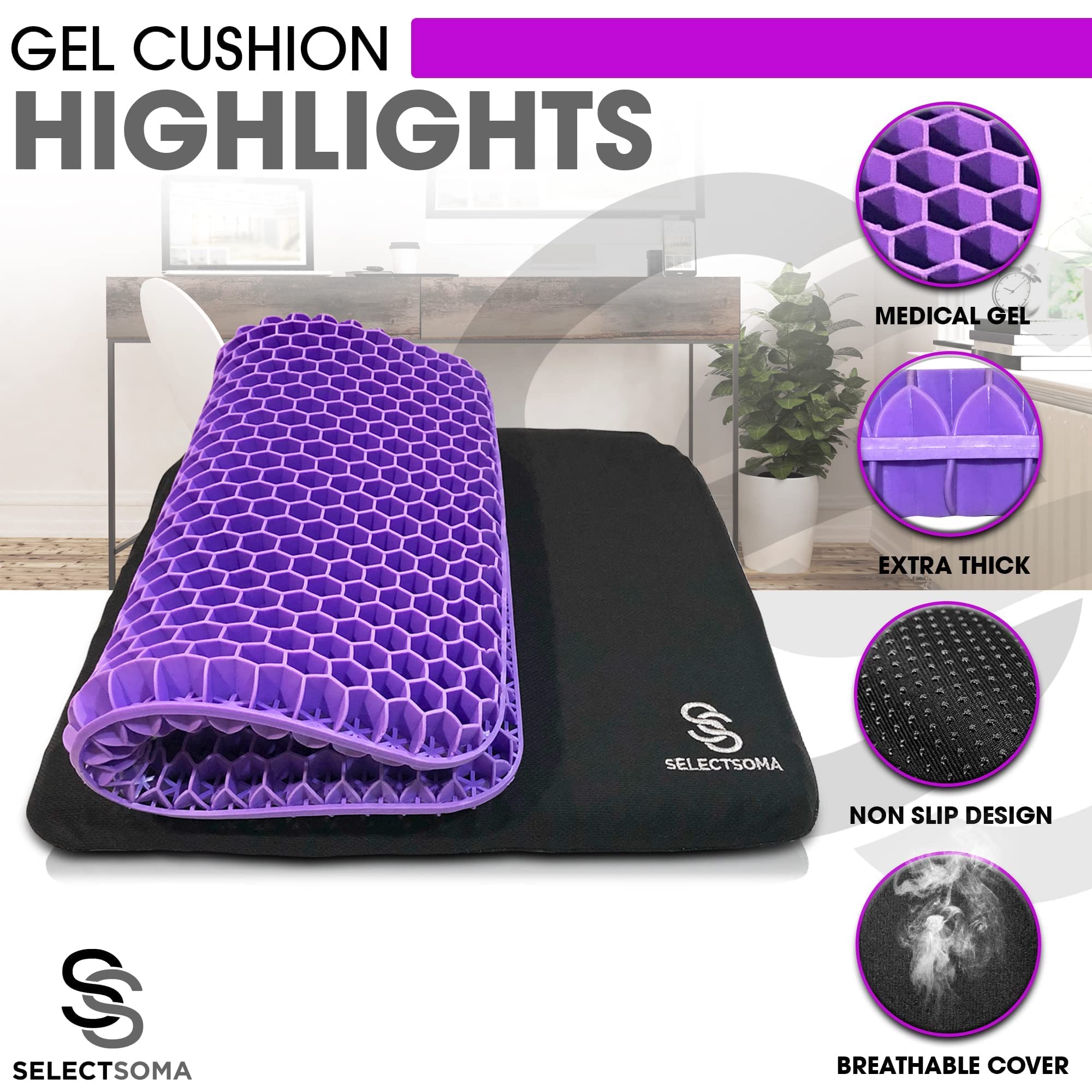 Purple Gel Seat Cushion for Long Sitting Back, Sciatica, Hip